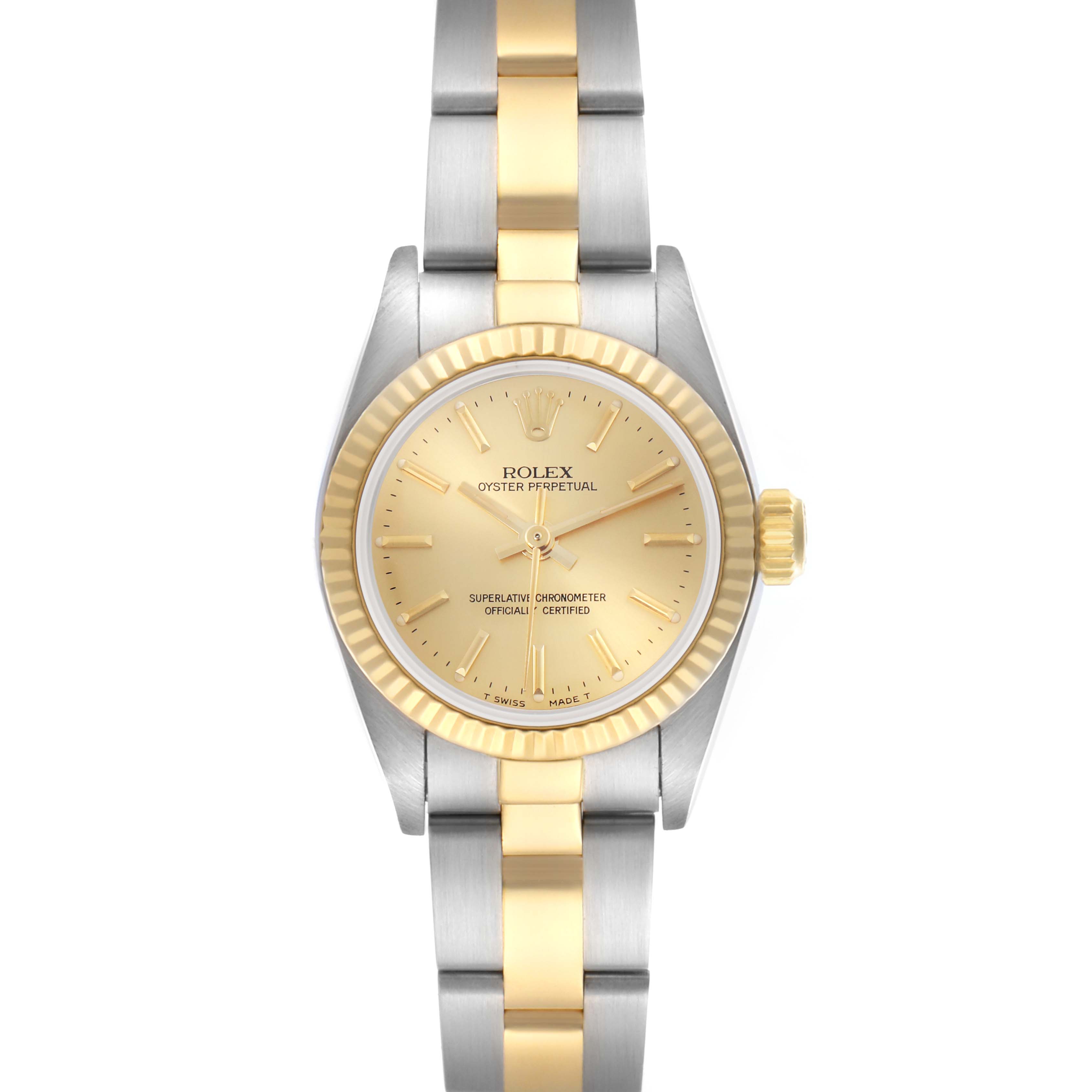 The Rolex Oyster Perpetual 67193 Women's Steel and Gold (two tone) Champagne Dial 67193 Women's Steel and Gold (two tone) Champagne Dial watch is shown from a top view, displaying the face, bezel, and bracelet.