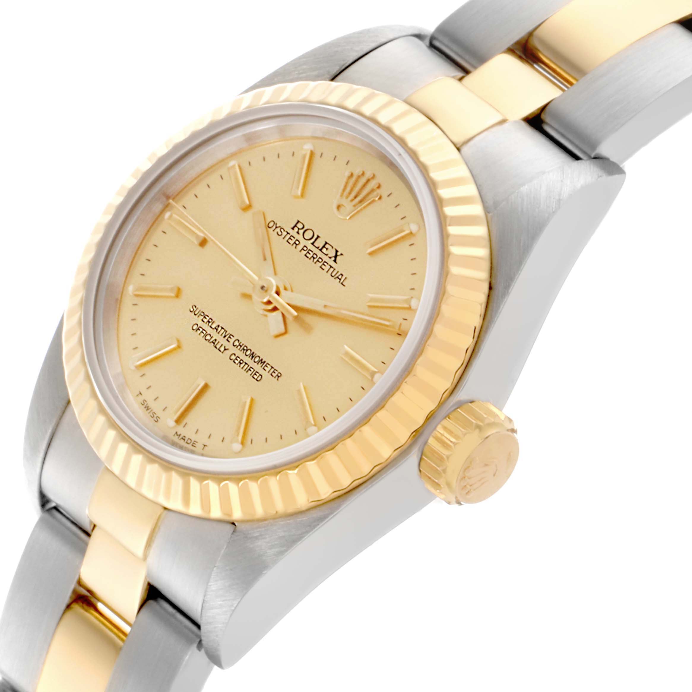 The Rolex Oyster Perpetual 67193 Women's Steel and Gold (two tone) Champagne Dial 67193 Women's Steel and Gold (two tone) Champagne Dial watch is shown at a three-quarter angle, displaying the dial, bezel, case, and part of the bracelet.