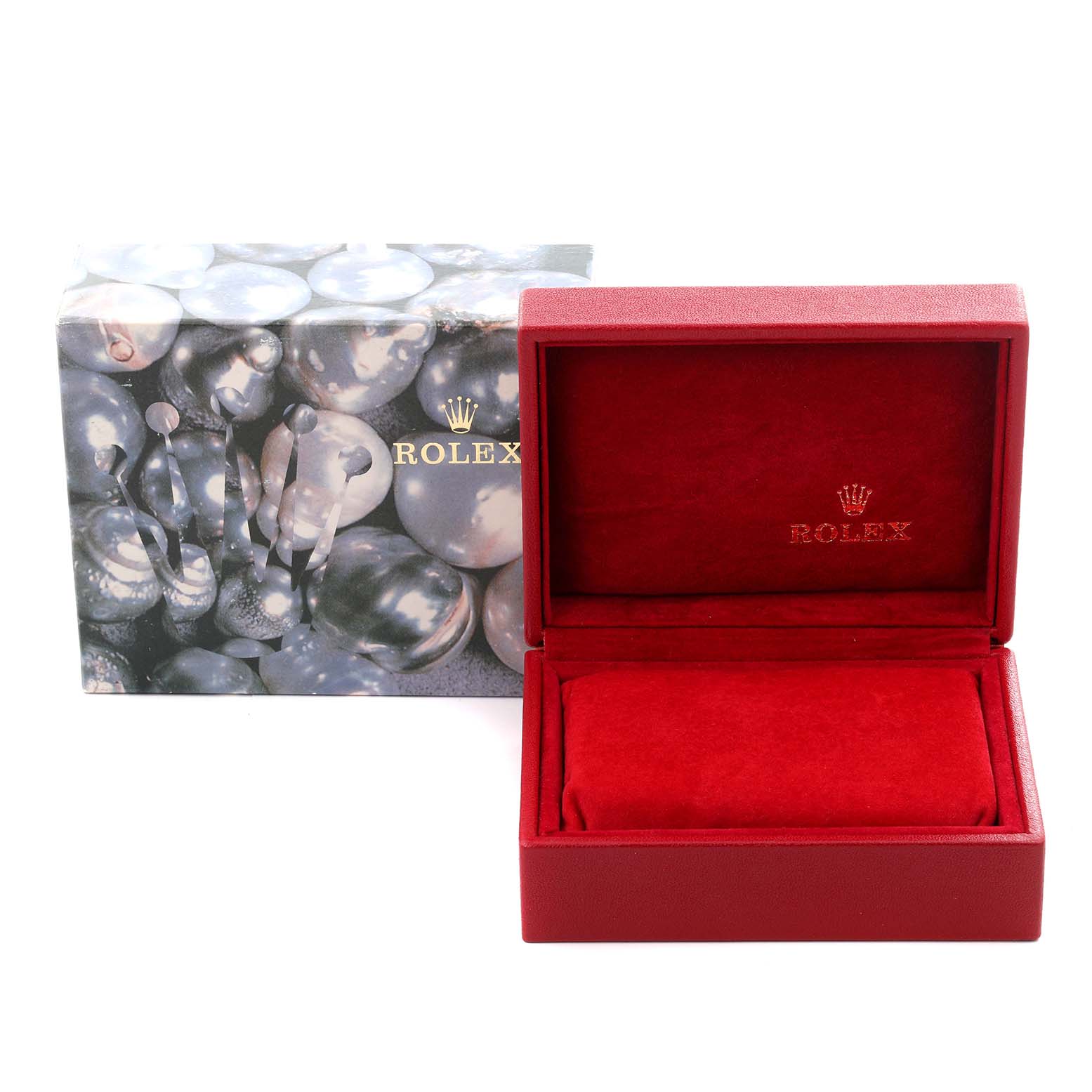 The image shows a Rolex Oyster Perpetual 67193 Women's Steel and Gold (two tone) Champagne Dial 67193 Women's Steel and Gold (two tone) Champagne Dial watch box, open with a red interior and an outer box displaying a bubble design.