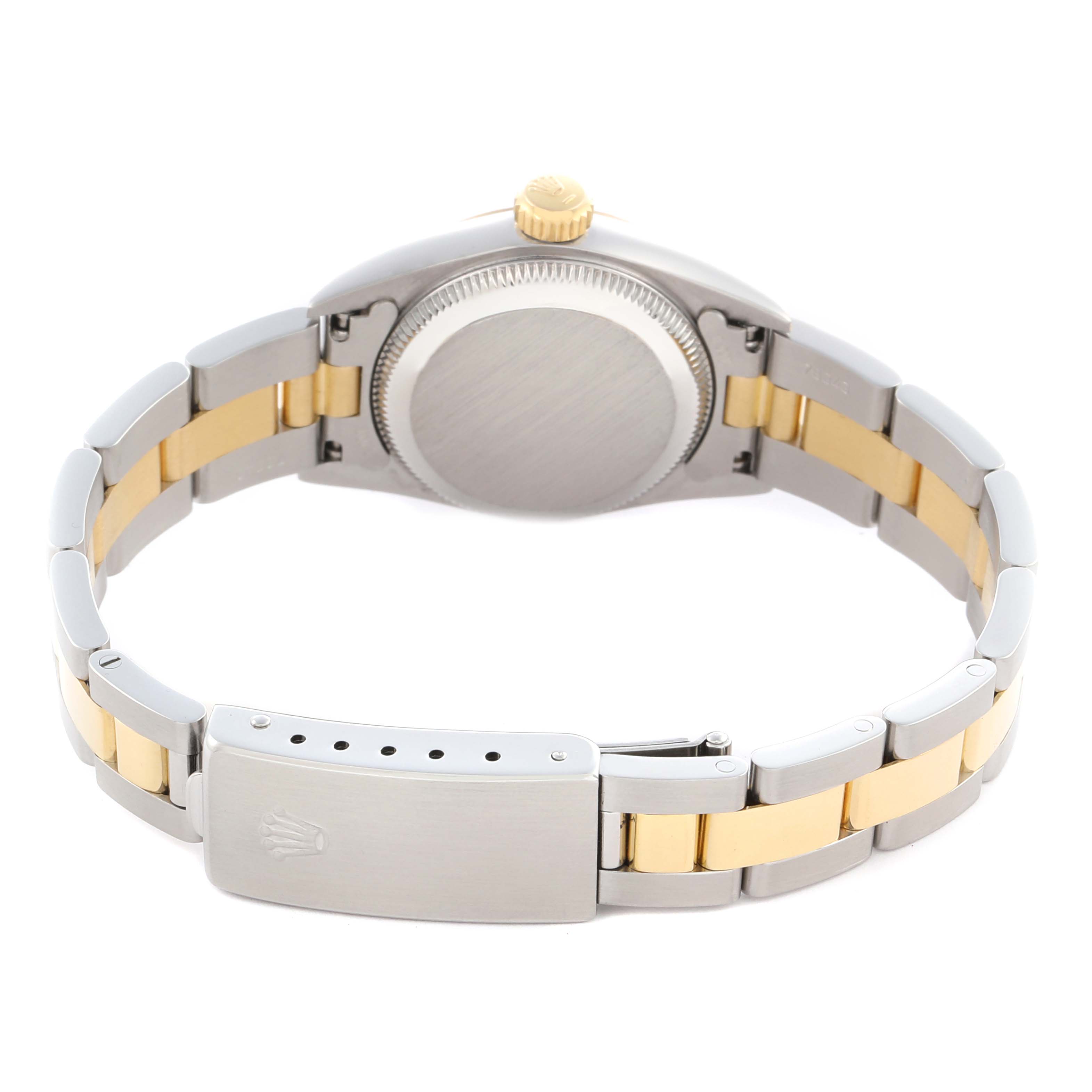 The image shows the back of the Rolex Oyster Perpetual 67193 Women's Steel and Gold (two tone) Champagne Dial 67193 Women's Steel and Gold (two tone) Champagne Dial watch, focusing on its case back, crown, and two-tone bracelet with clasp.