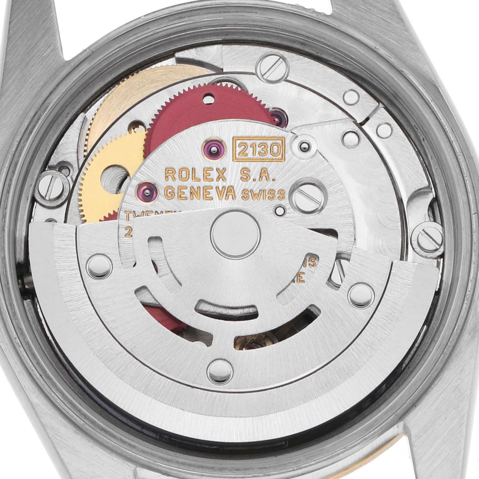 The image shows the movement of a Rolex Oyster Perpetual 67193 Women's Steel and Gold (two tone) Champagne Dial 67193 Women's Steel and Gold (two tone) Champagne Dial watch from the back, highlighting gears and the rotor.