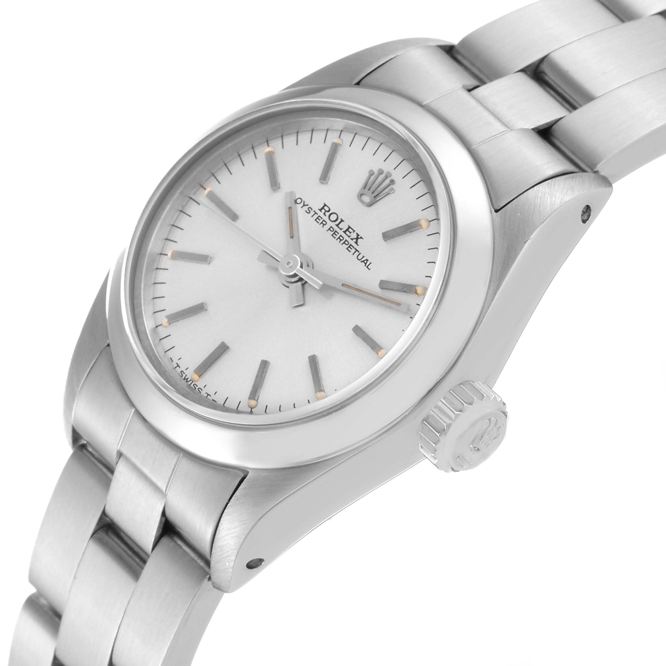 The image shows the Rolex Oyster Perpetual 67180 Women's Stainless Steel Silver Dial 67180 Women's Stainless Steel Silver Dial watch at a slight angle, highlighting the dial, crown, and part of the bracelet.