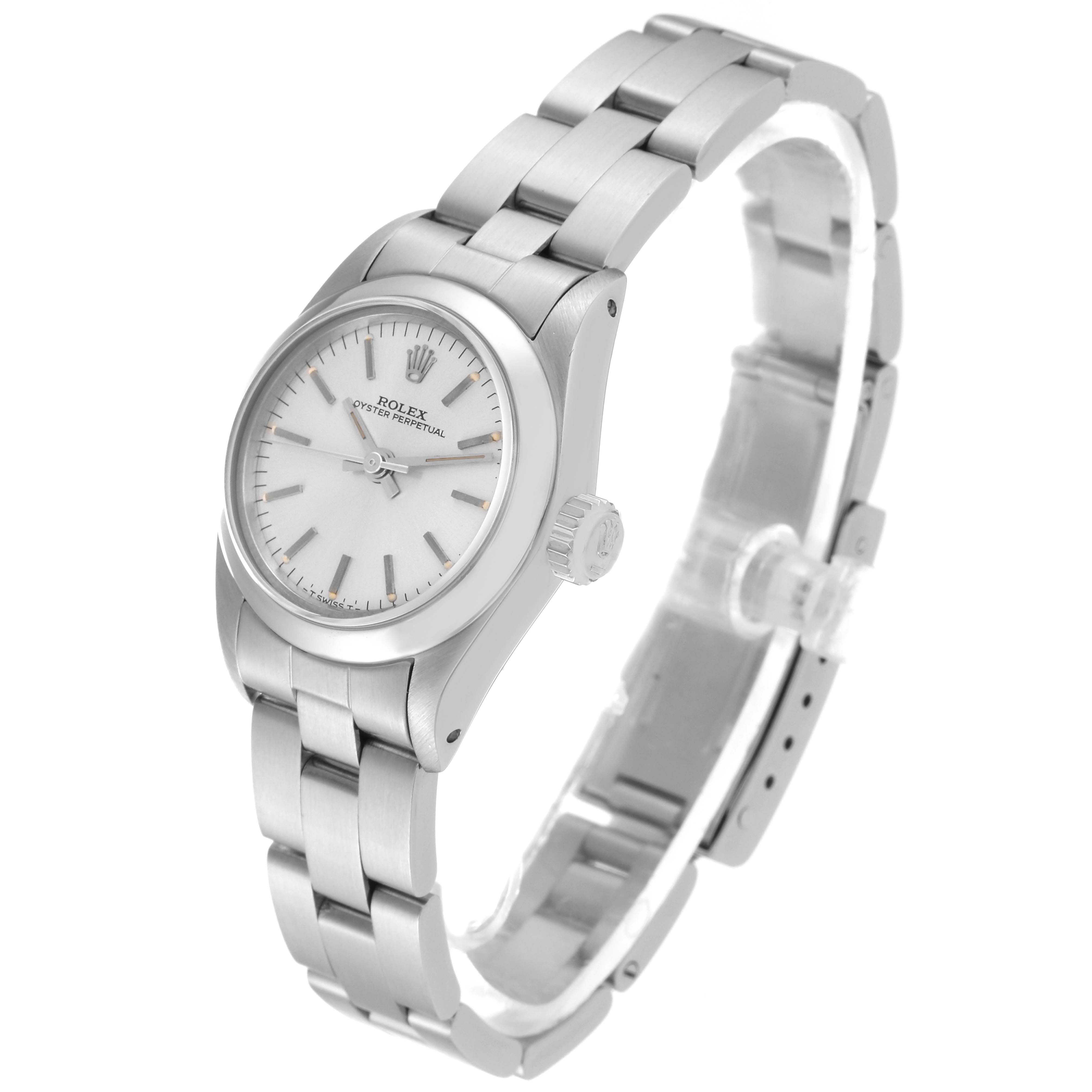 The image shows a Rolex Oyster Perpetual 67180 Women's Stainless Steel Silver Dial 67180 Women's Stainless Steel Silver Dial watch angled from the right side, highlighting the dial, bezel, case, bracelet, and crown.