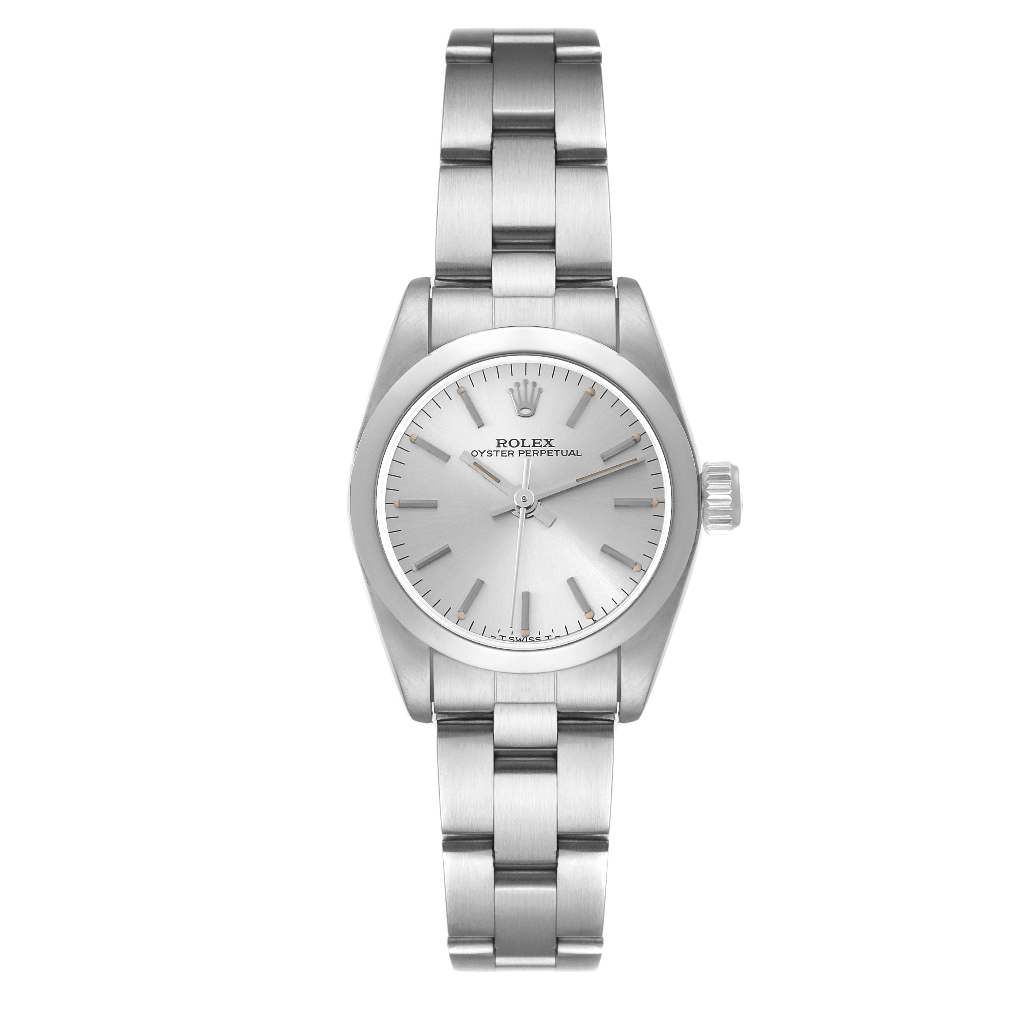 The Rolex Oyster Perpetual 67180 Women's Stainless Steel Silver Dial 67180 Women's Stainless Steel Silver Dial watch is shown from a straight-on angle, displaying the face, bezel, crown, and bracelet.