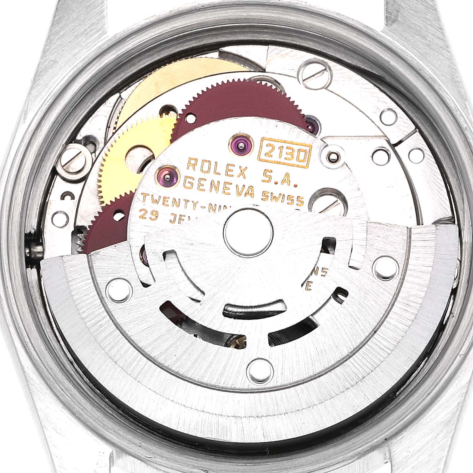 This image shows the internal movement mechanism of a Rolex Oyster Perpetual 67180 Women's Stainless Steel Silver Dial 67180 Women's Stainless Steel Silver Dial watch, focusing on the rotor and gears.