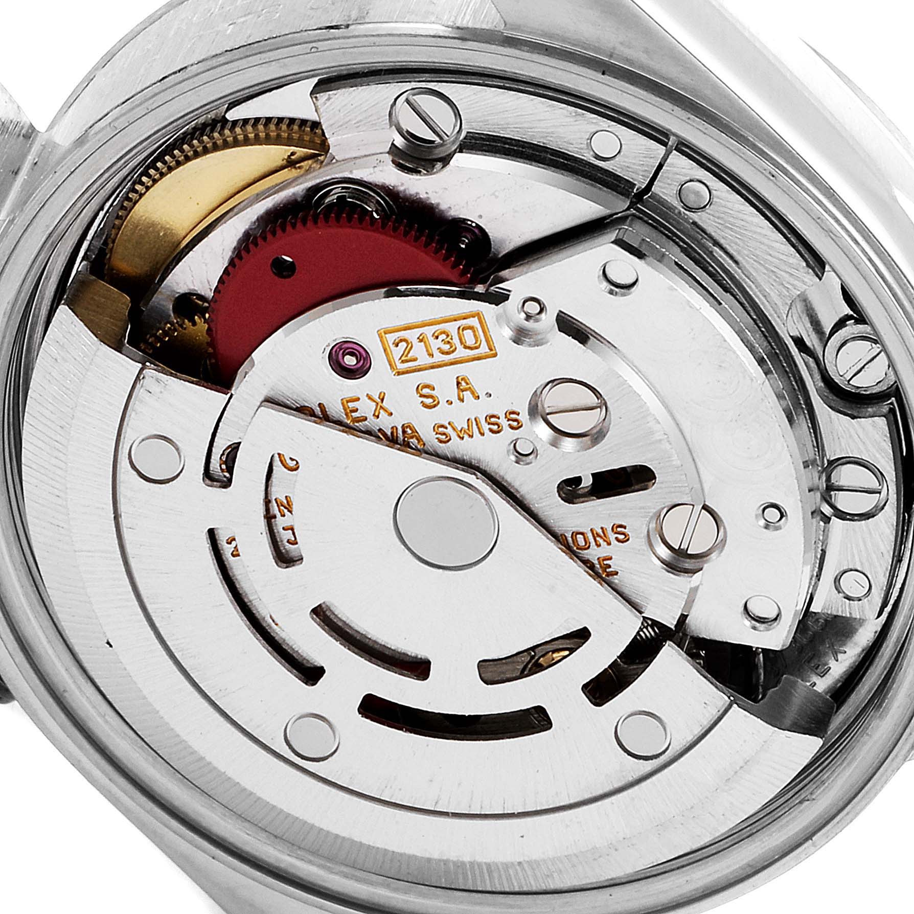 The image shows the internal movement mechanism of a Rolex Oyster Perpetual 67180 Women's Stainless Steel Pink Dial 67180 Women's Stainless Steel Pink Dial watch viewed from the back.