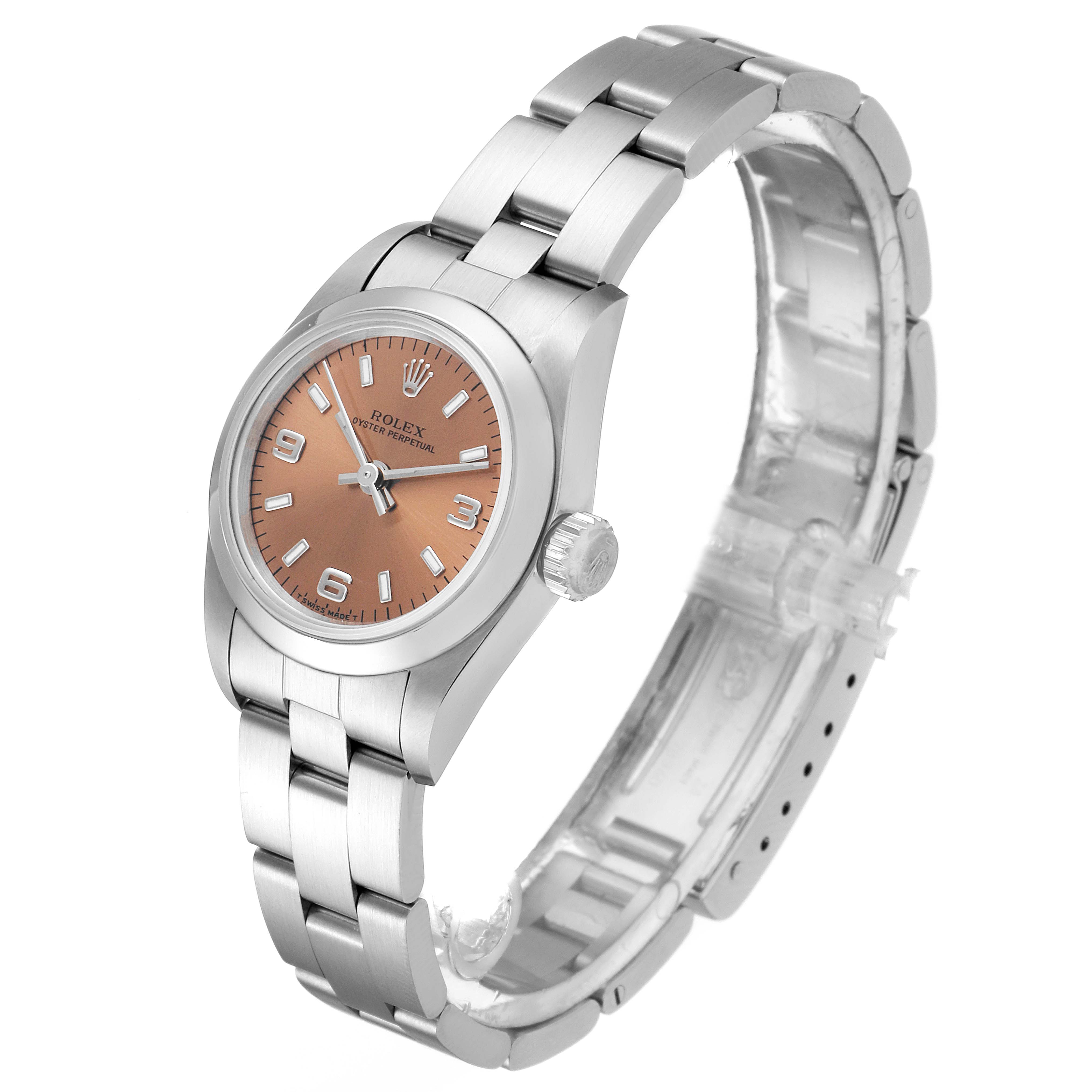 This image shows a Rolex Oyster Perpetual 67180 Women's Stainless Steel Pink Dial 67180 Women's Stainless Steel Pink Dial watch at a front-left angle, displaying its bracelet, crown, and dial.
