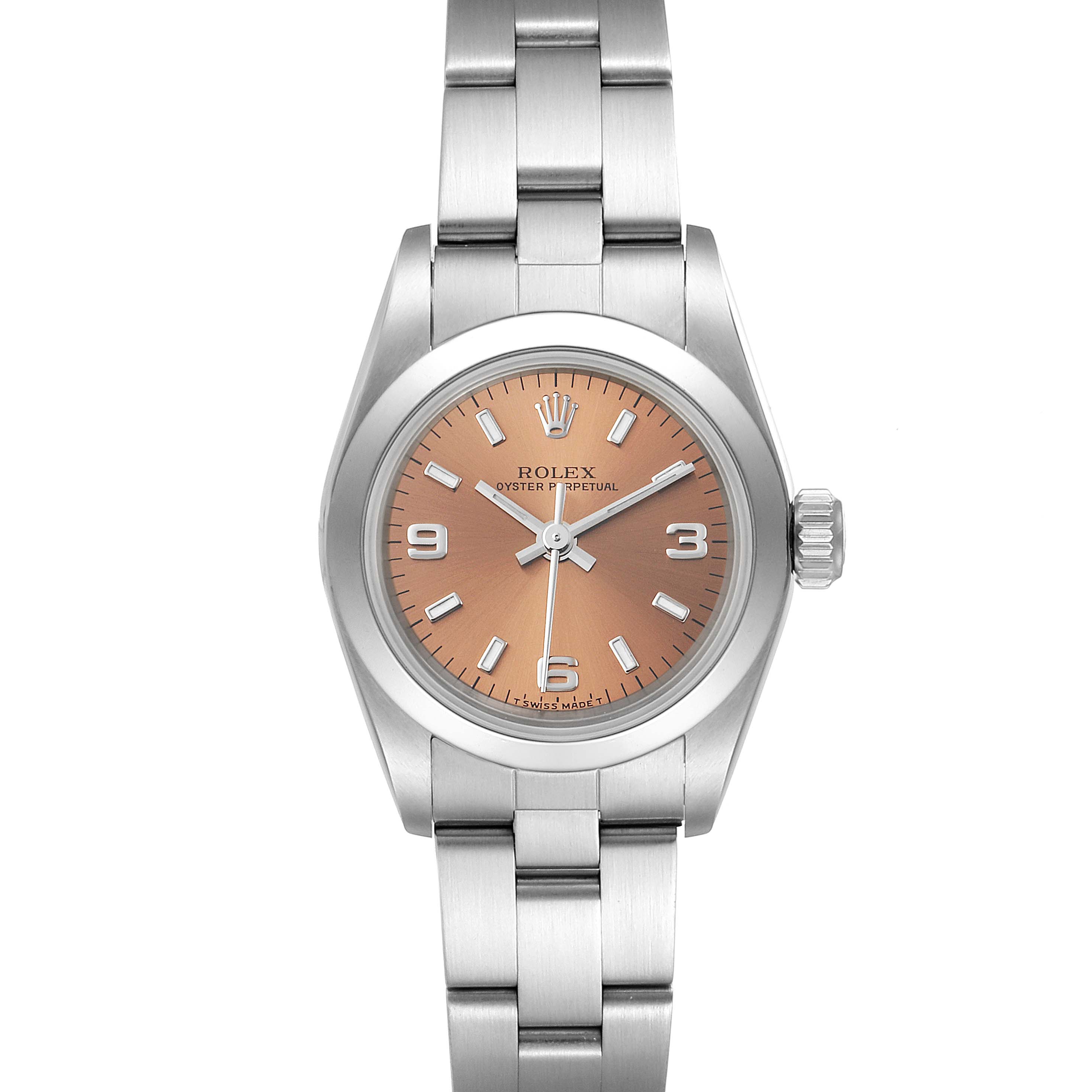 The Rolex Oyster Perpetual 67180 Women's Stainless Steel Pink Dial 67180 Women's Stainless Steel Pink Dial watch is shown from a top-down angle, highlighting its dial, hands, bezel, crown, and bracelet.