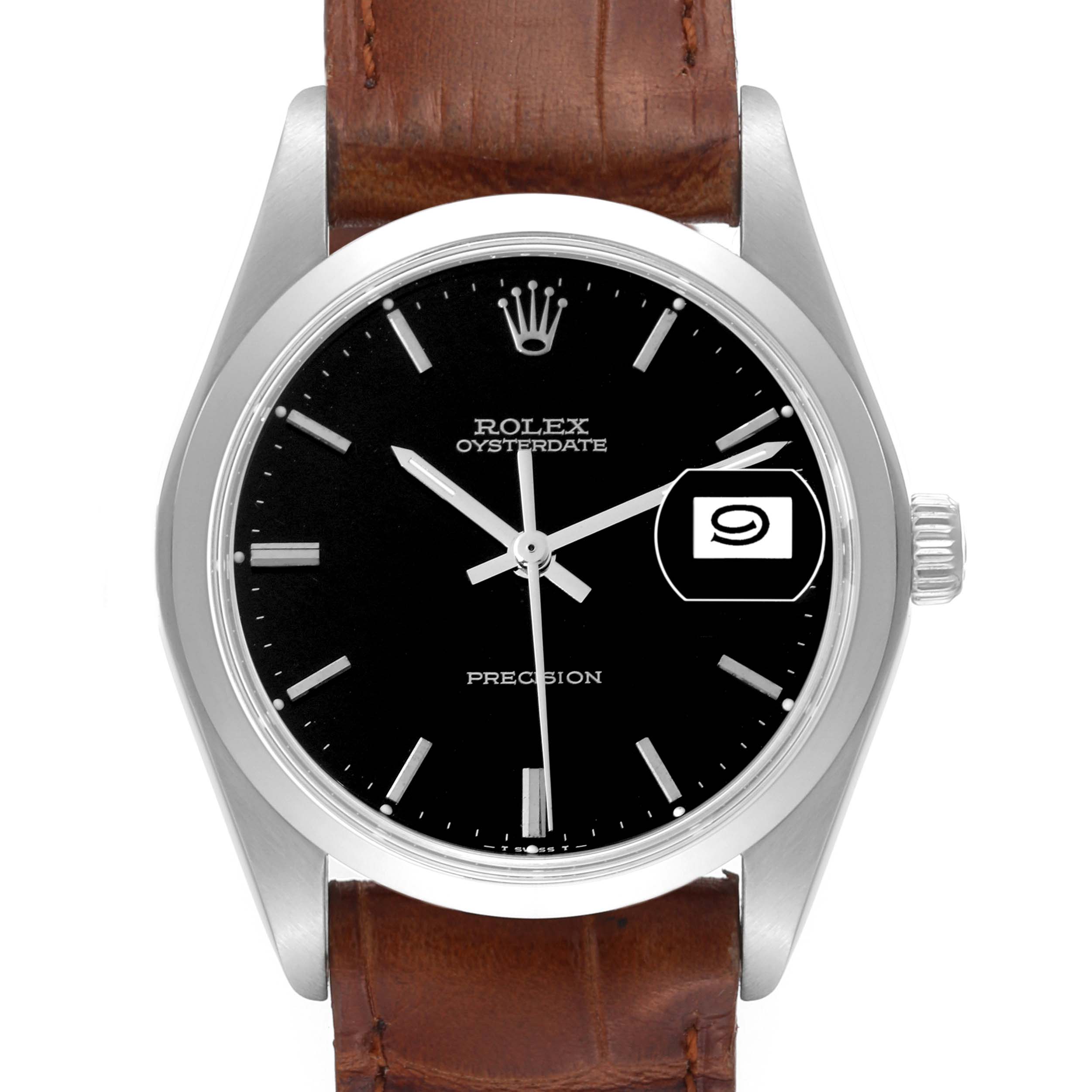 The Rolex Vintage Collection 6694 Men's Stainless Steel Black Dial 6694 Men's Stainless Steel Black Dial model is shown from the front, displaying the watch face and brown leather strap.