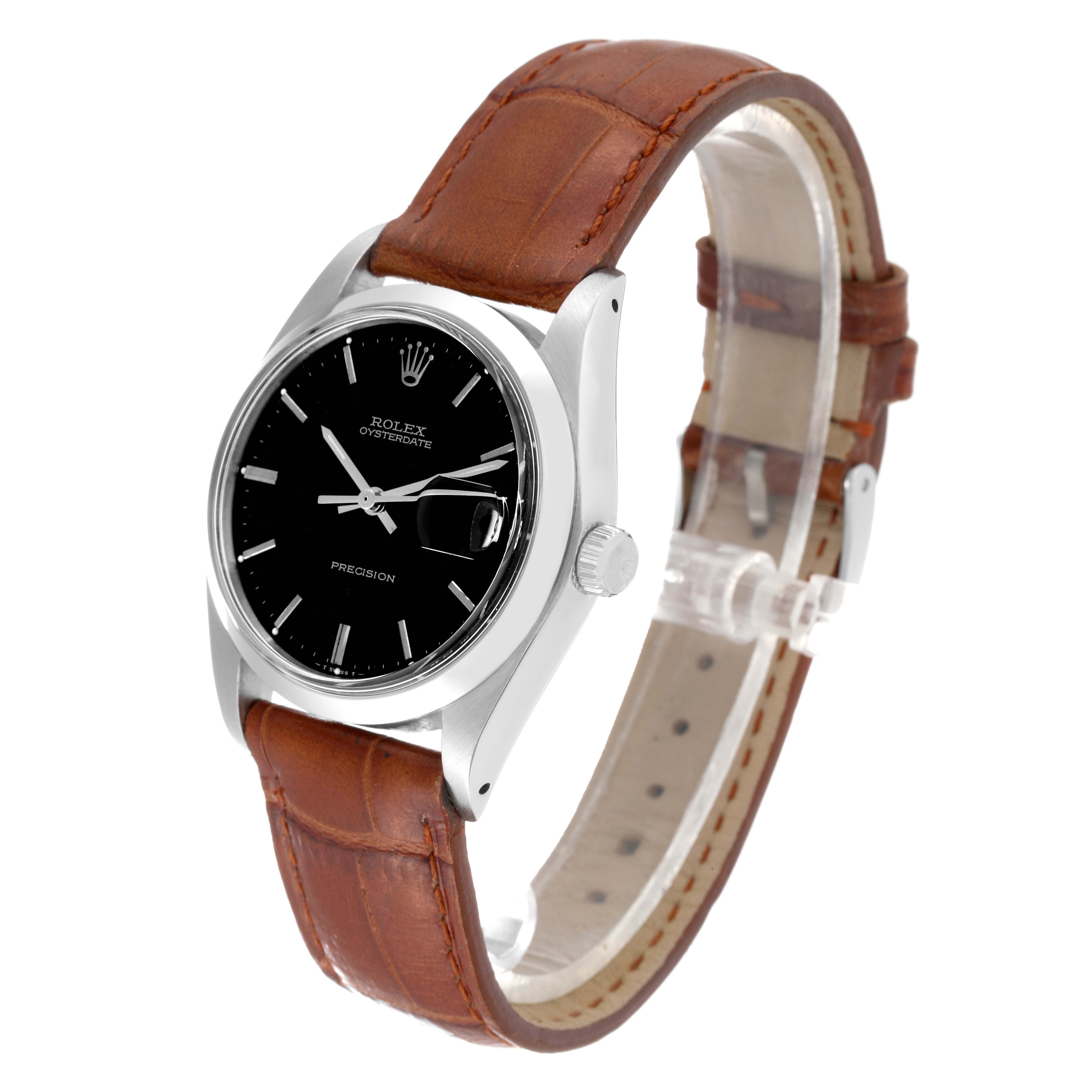 The watch, a Rolex Vintage Collection 6694 Men's Stainless Steel Black Dial 6694 Men's Stainless Steel Black Dial model, is shown from a front-left angle, highlighting its black dial, silver case, and brown leather strap.