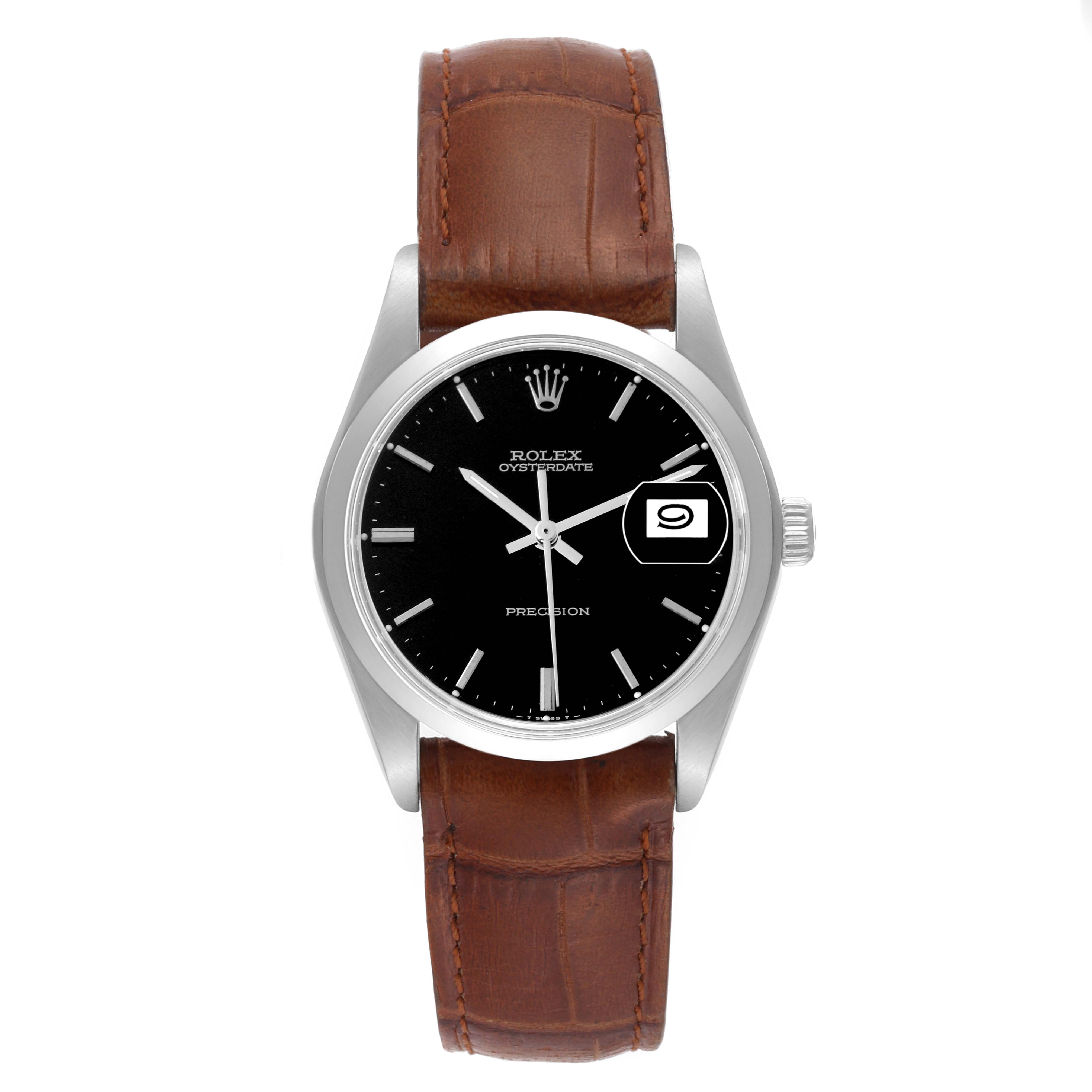 This image shows a front view of the Rolex Vintage Collection 6694 Men's Stainless Steel Black Dial 6694 Men's Stainless Steel Black Dial Oysterdate watch featuring a brown leather strap and a black dial.