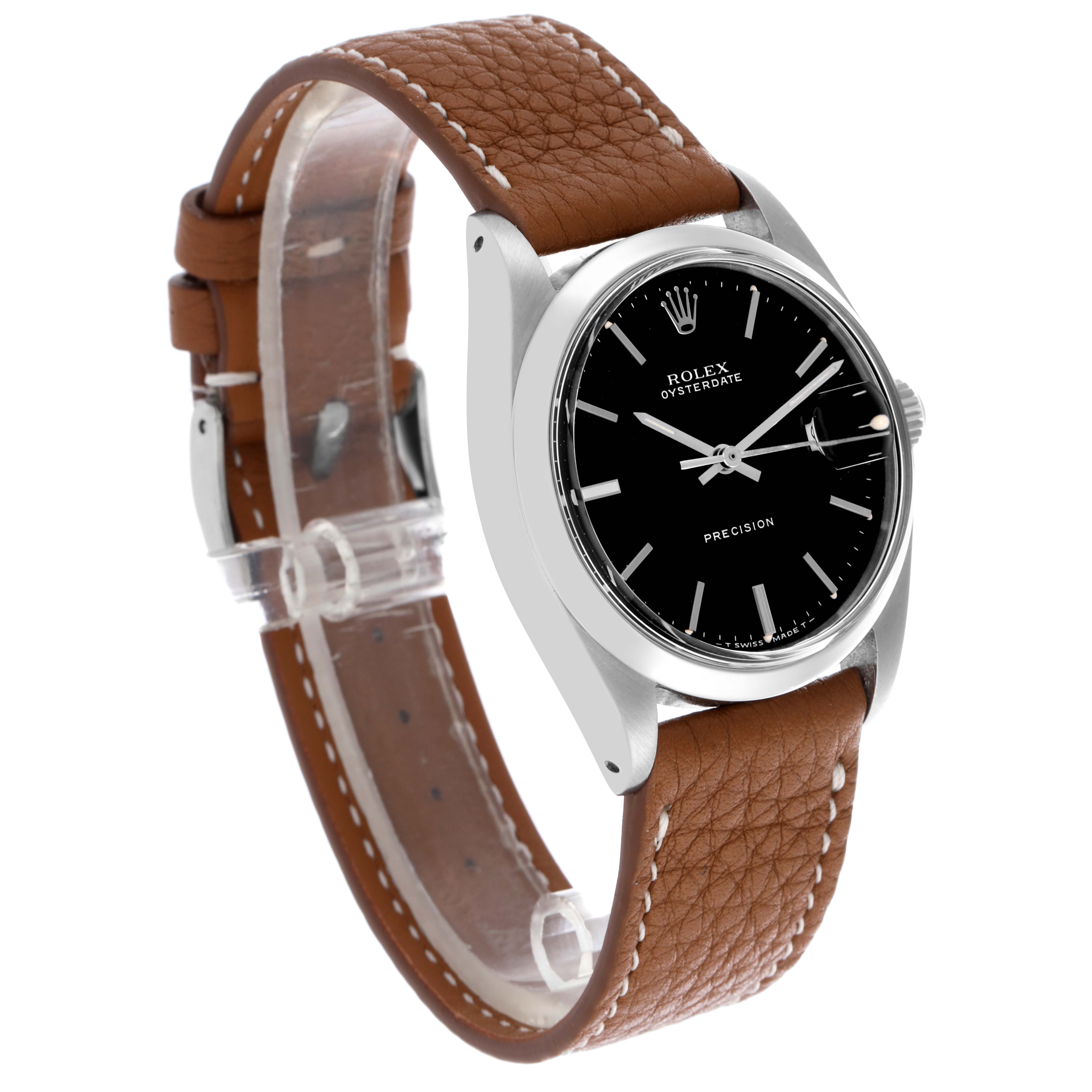 The Rolex Date 6694 Men's Stainless Steel Black Dial 6694 Men's Stainless Steel Black Dial watch is shown in a side view, featuring a black dial, silver case, and brown leather strap.