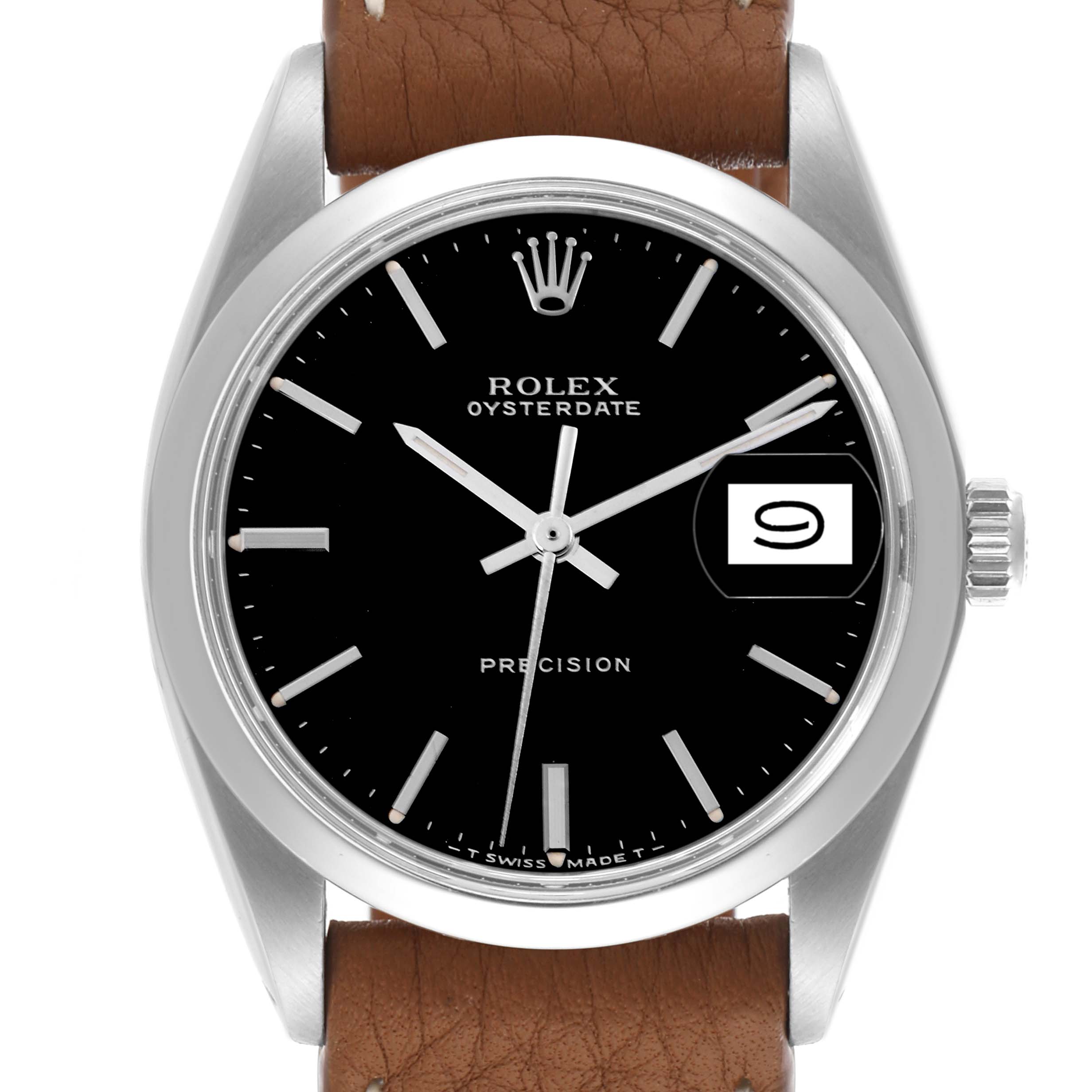 The image shows a front view of the Rolex Date 6694 Men's Stainless Steel Black Dial 6694 Men's Stainless Steel Black Dial watch, highlighting its dial, crown, and leather strap.
