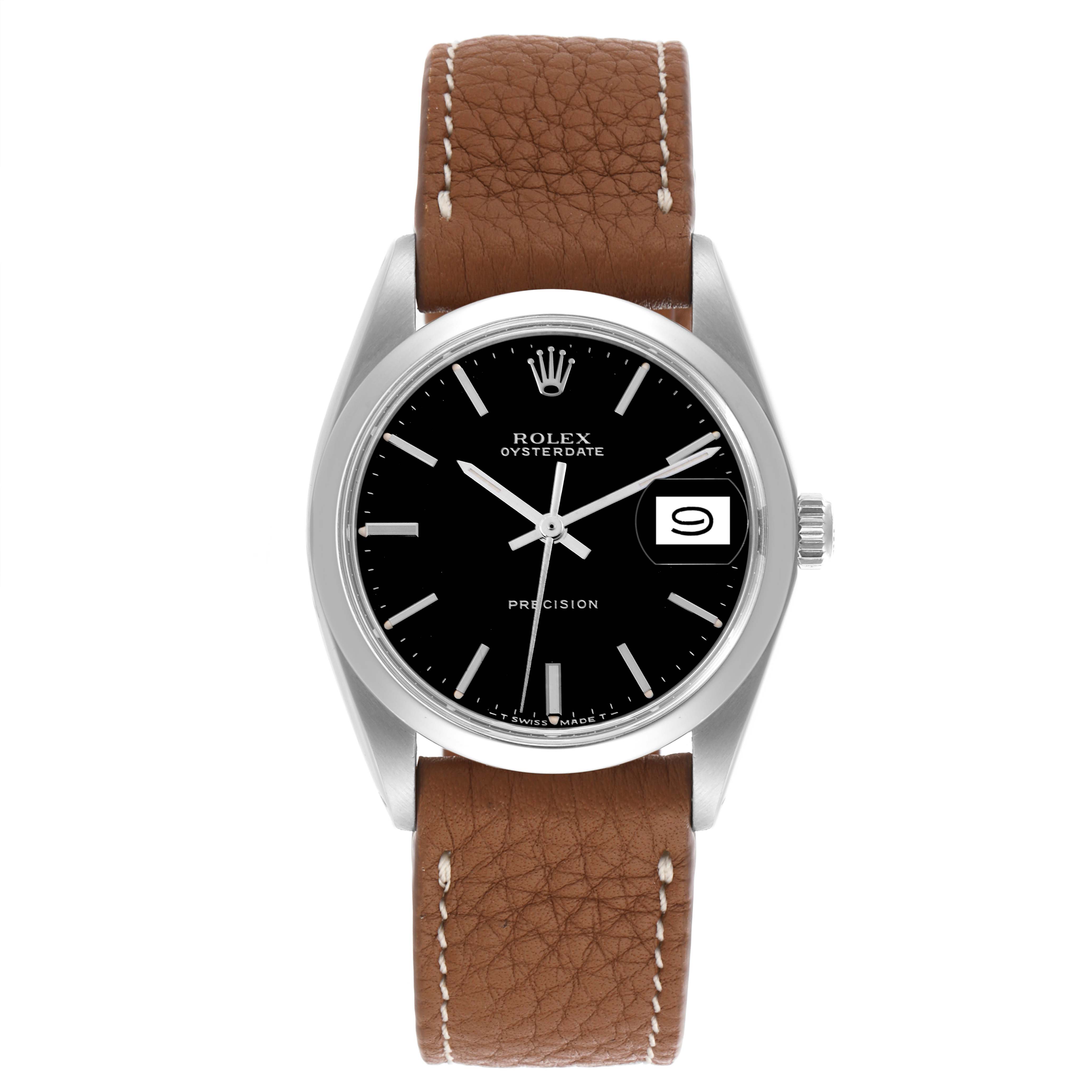 The Rolex Date 6694 Men's Stainless Steel Black Dial 6694 Men's Stainless Steel Black Dial watch is shown from a front angle, highlighting its brown leather strap and black dial with a date window.