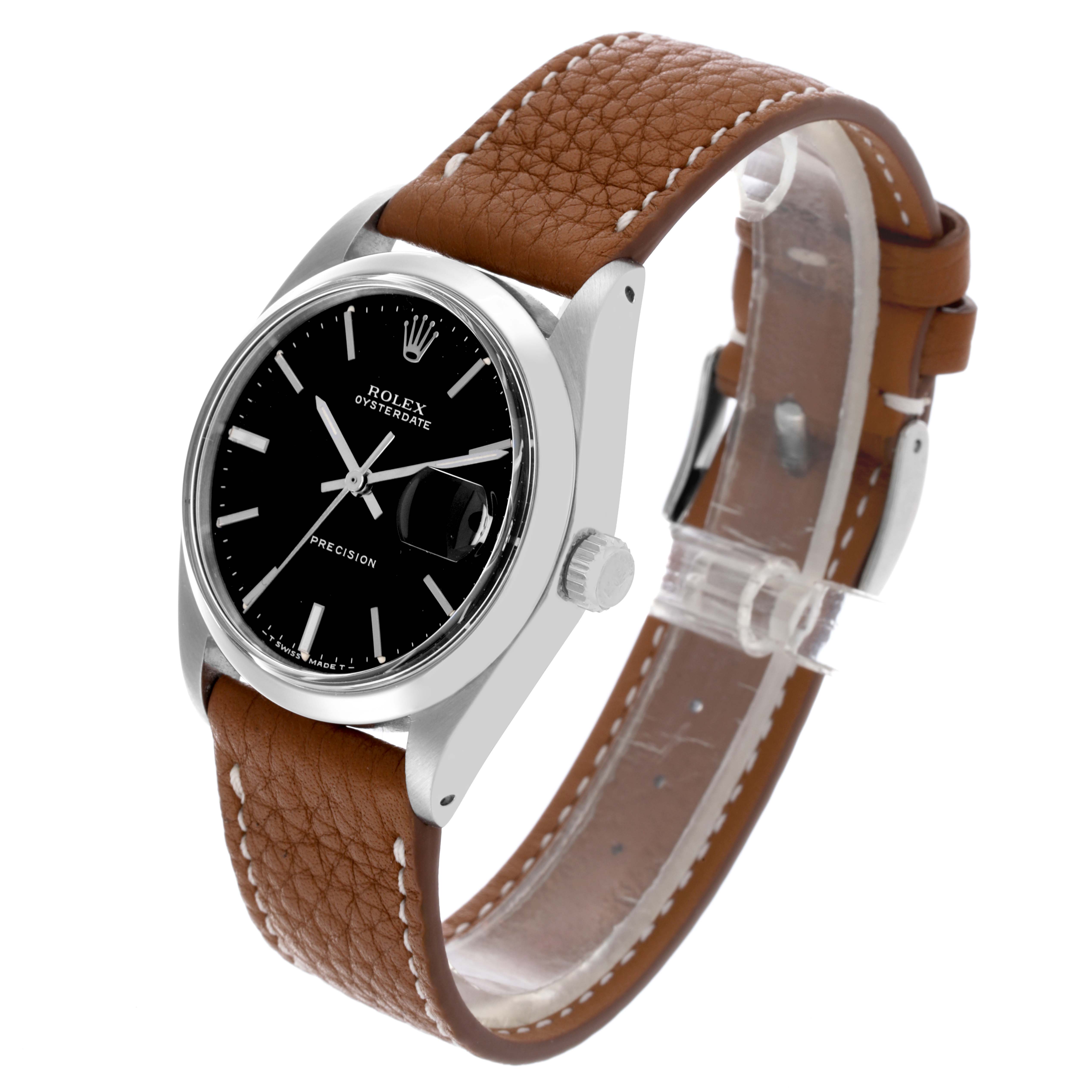 The Rolex Date 6694 Men's Stainless Steel Black Dial 6694 Men's Stainless Steel Black Dial watch is shown at a slight angle, displaying the black dial, case, crown, and a brown leather strap.