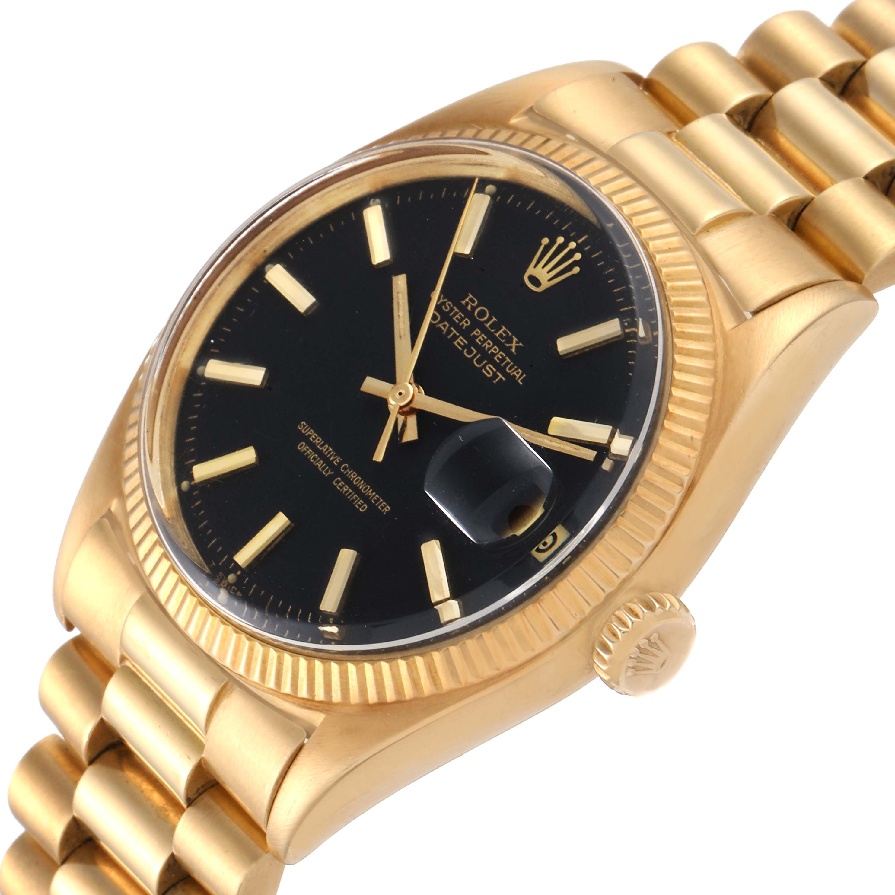 The Rolex Vintage Collection 1601 Men's Yellow Gold Black Dial 1601 Men's Yellow Gold Black Dial model is shown from an angled side view, featuring its gold case, black dial, and crown.