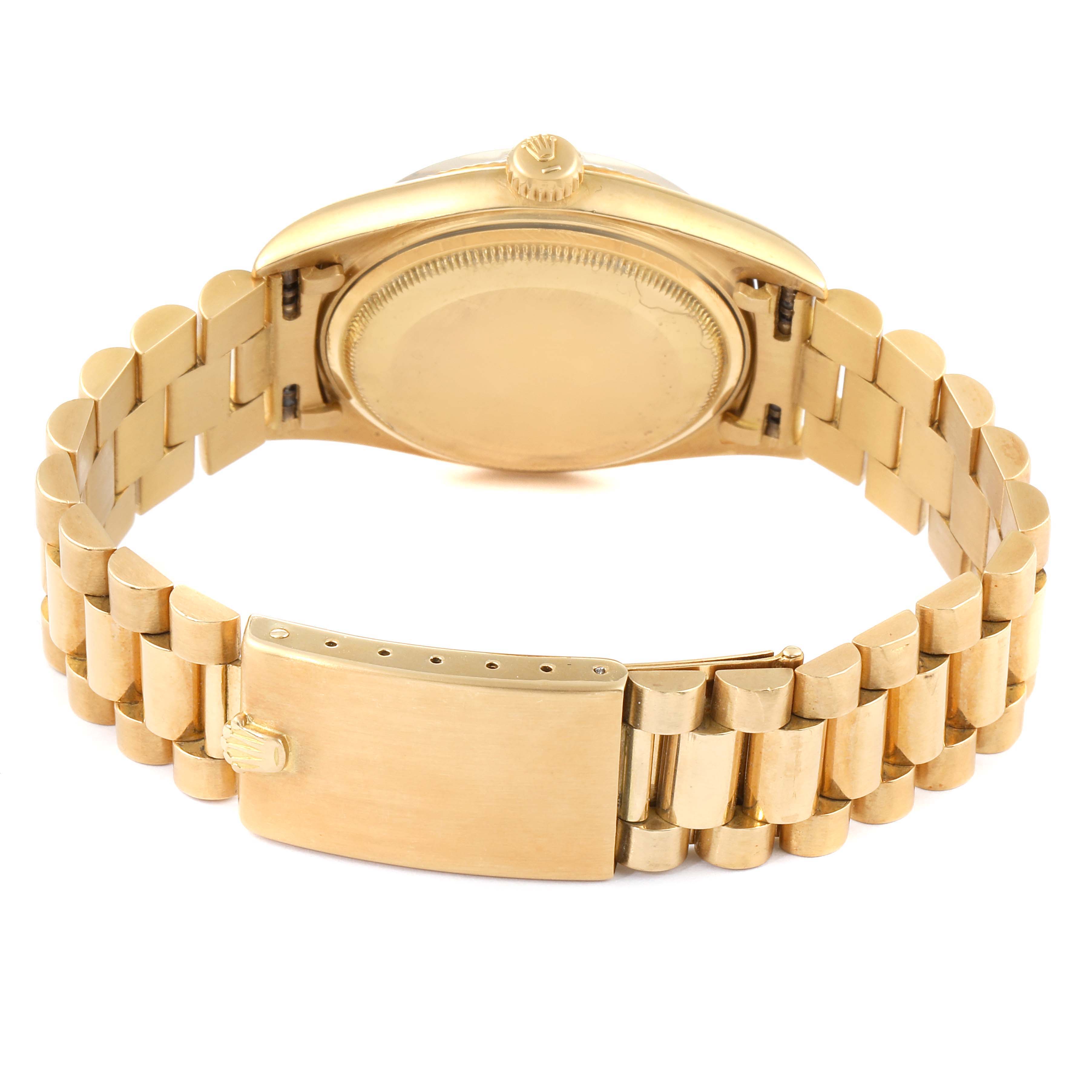 The image shows the back view and bracelet of the Rolex Vintage Collection 1601 Men's Yellow Gold Black Dial 1601 Men's Yellow Gold Black Dial watch, highlighting the clasp and case back.