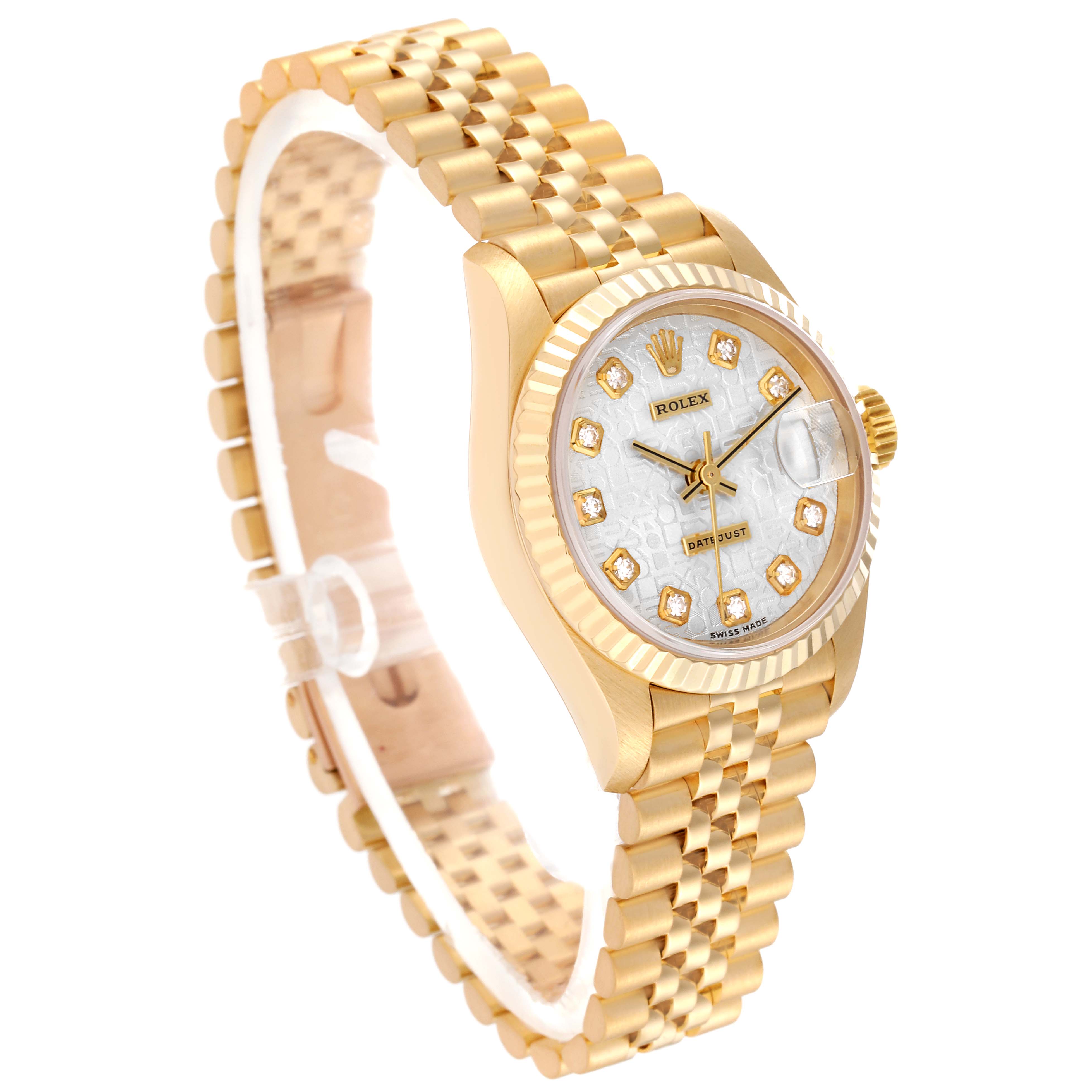 This image shows a Rolex President 79178 Women's Yellow Gold Silver Dial 79178 Women's Yellow Gold Silver Dial model watch angled from the top-left, highlighting the gold case, dial, and bracelet.