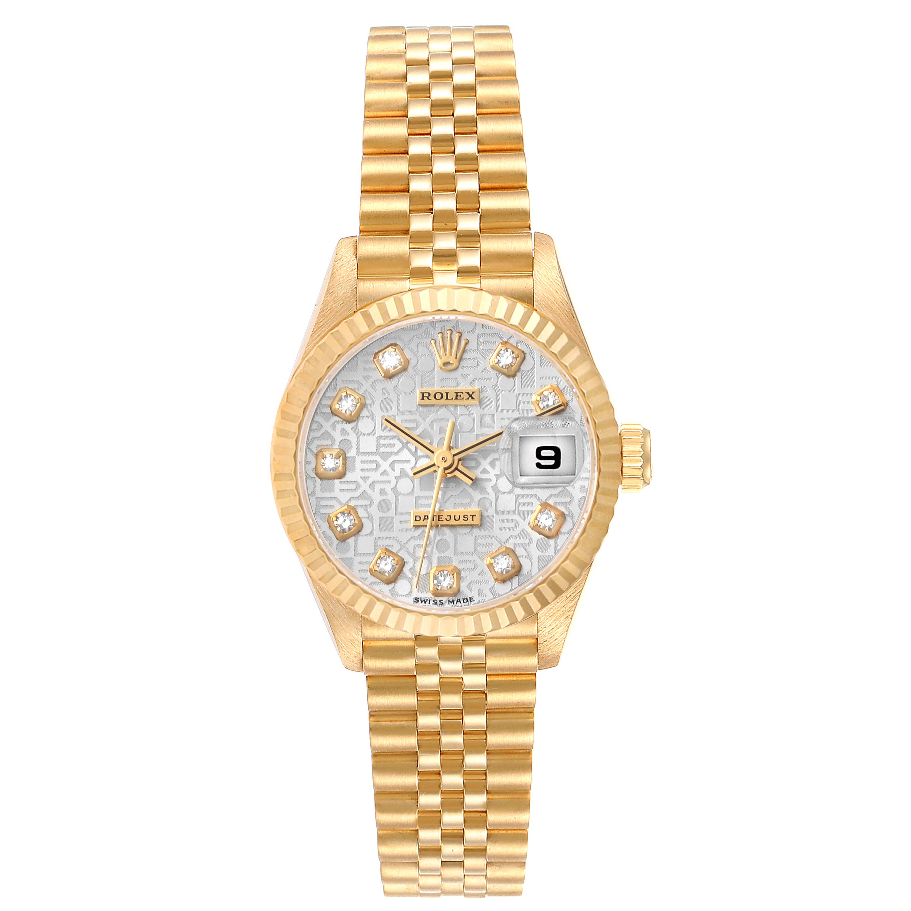 The image shows a front view of the Rolex President 79178 Women's Yellow Gold Silver Dial 79178 Women's Yellow Gold Silver Dial model watch, highlighting its dial, bezel, and bracelet.