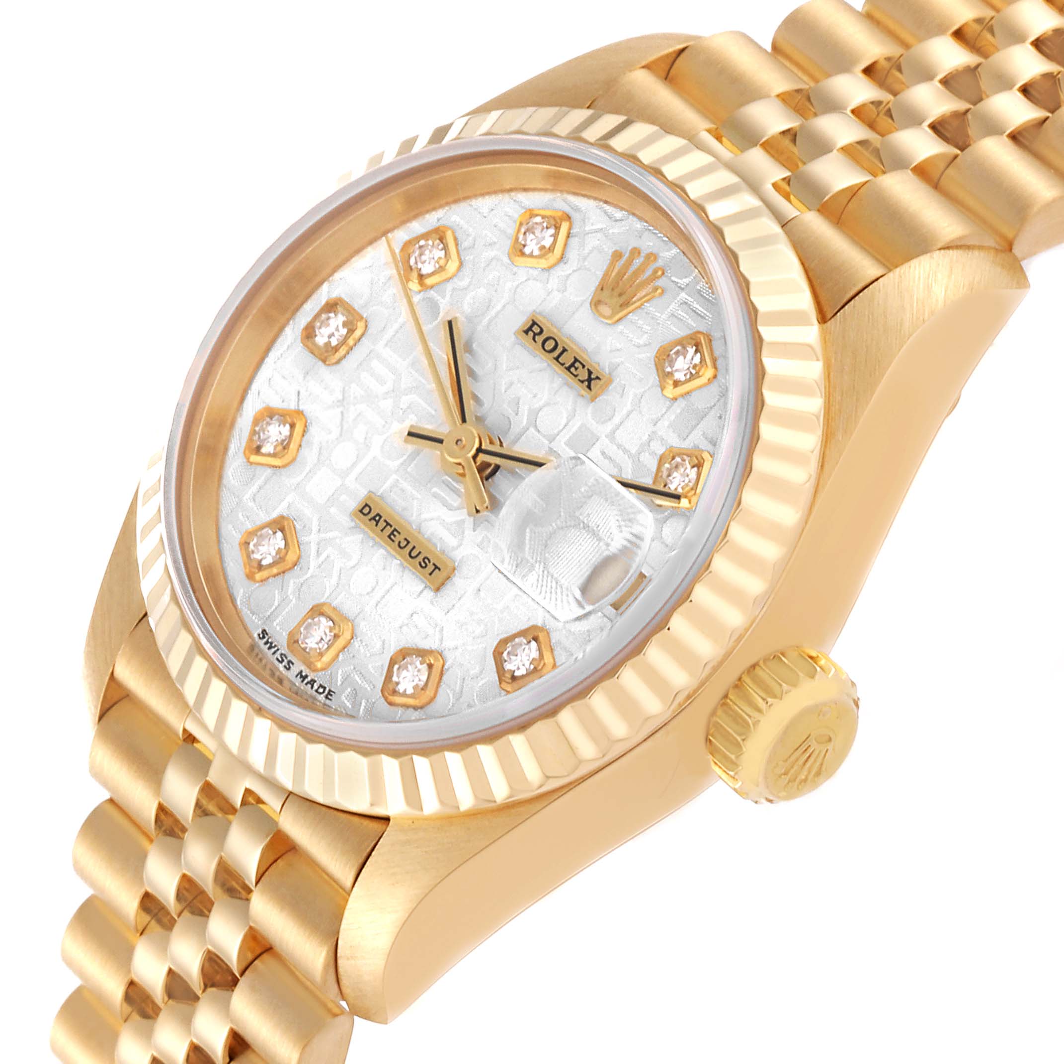 This image shows a close-up angle of the Rolex President 79178 Women's Yellow Gold Silver Dial 79178 Women's Yellow Gold Silver Dial model watch, focusing on the face, bezel, and part of the bracelet.