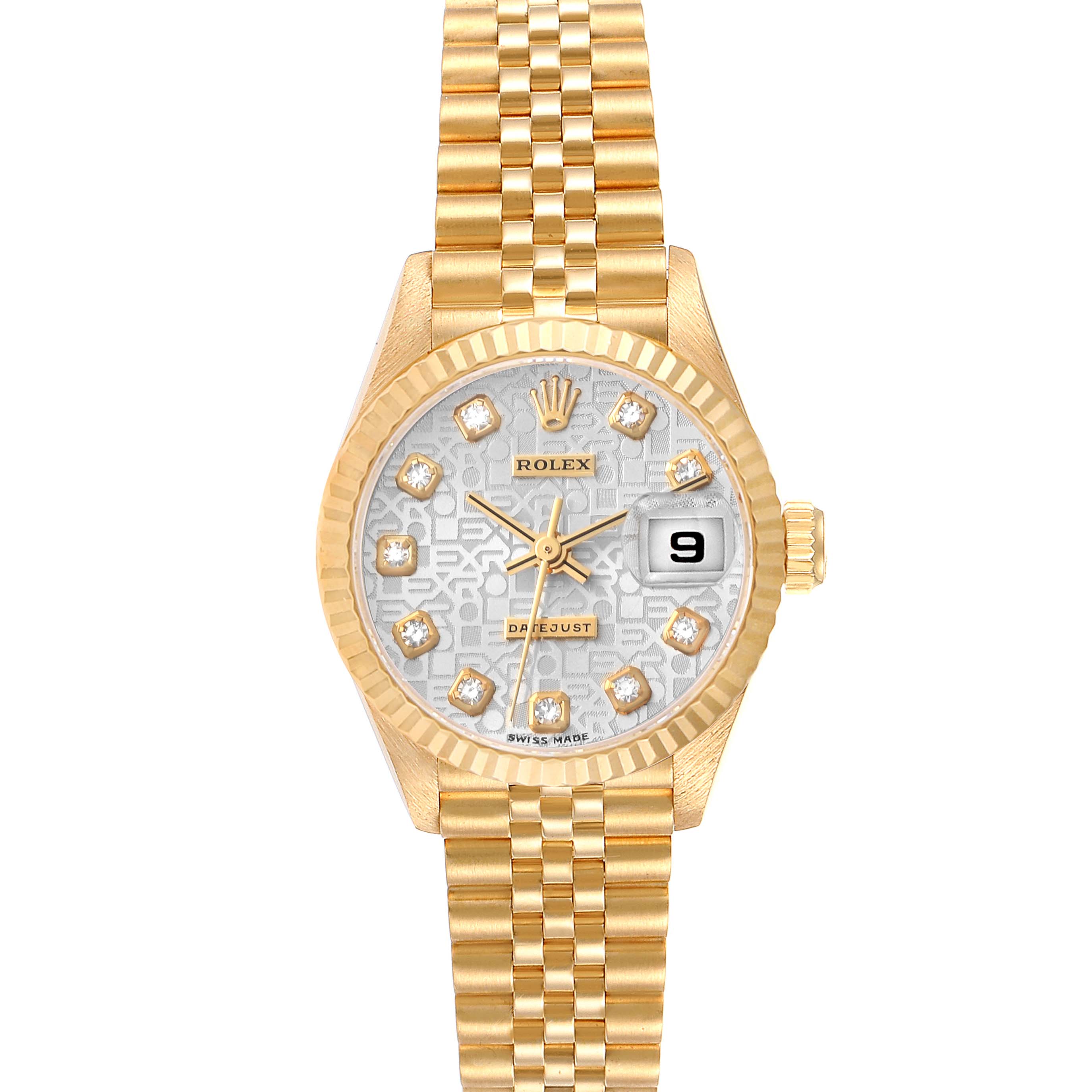 The Rolex President 79178 Women's Yellow Gold Silver Dial 79178 Women's Yellow Gold Silver Dial model watch features a full frontal view showing its gold bracelet, diamond-accented dial, and date window.