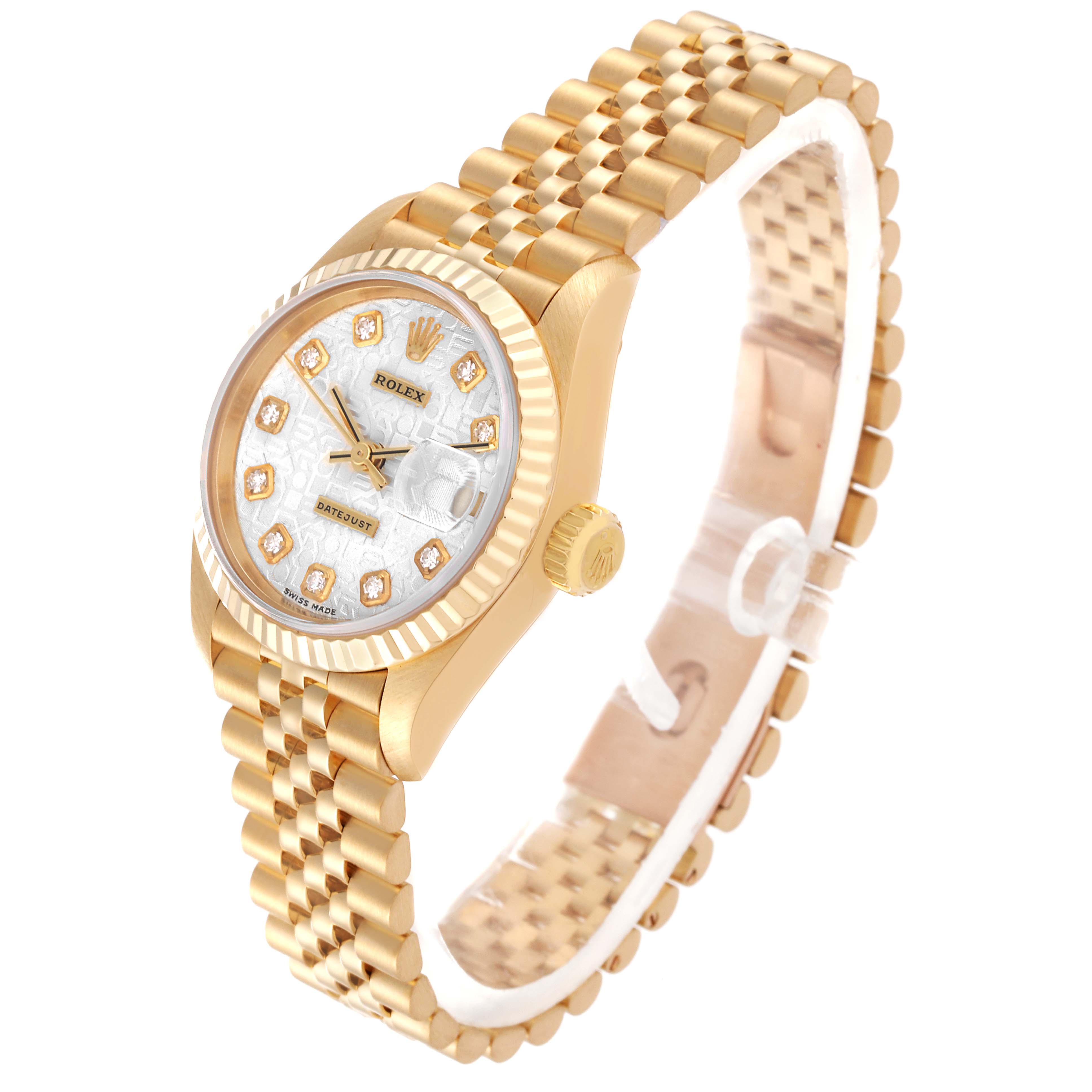 This image shows the Rolex President 79178 Women's Yellow Gold Silver Dial 79178 Women's Yellow Gold Silver Dial model watch in a three-quarter angle, displaying the dial, bezel, crown, and bracelet.