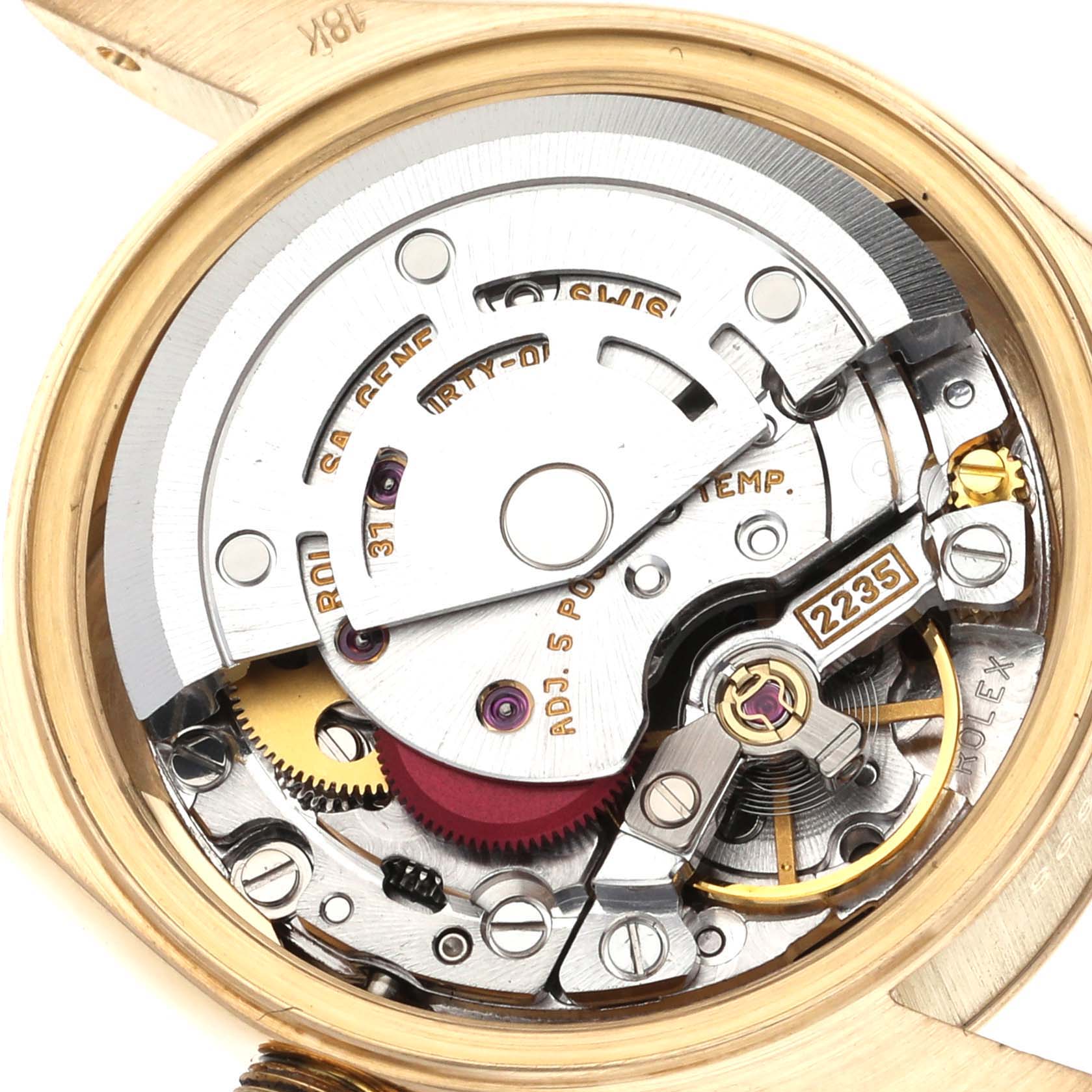 This image shows the internal mechanism and movement of the Rolex President 79178 Women's Yellow Gold Silver Dial 79178 Women's Yellow Gold Silver Dial model watch from a top-down view.
