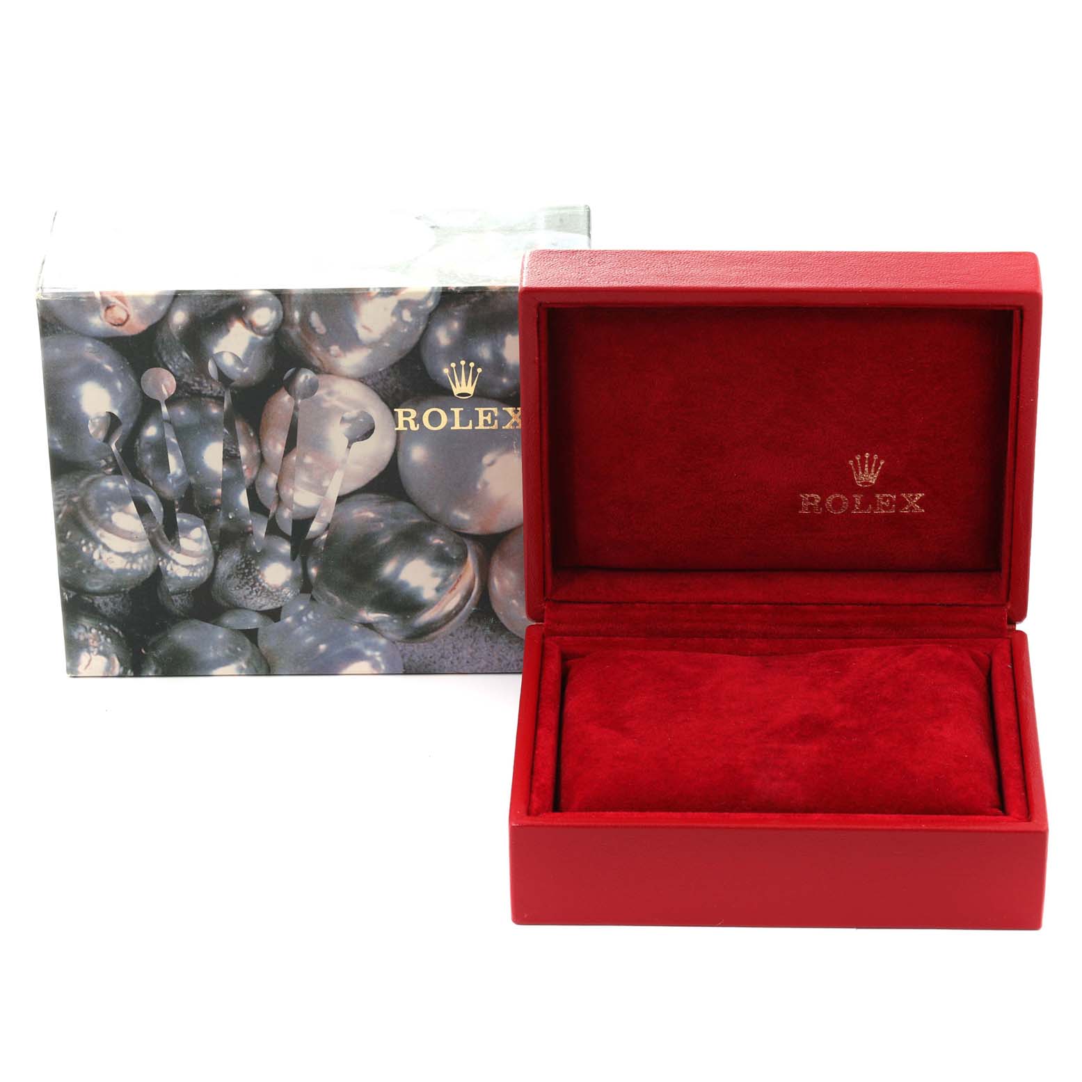 The image shows an open red Rolex watch box with a Rolex President 79178 Women's Yellow Gold Silver Dial 79178 Women's Yellow Gold Silver Dial model-themed exterior packaging.