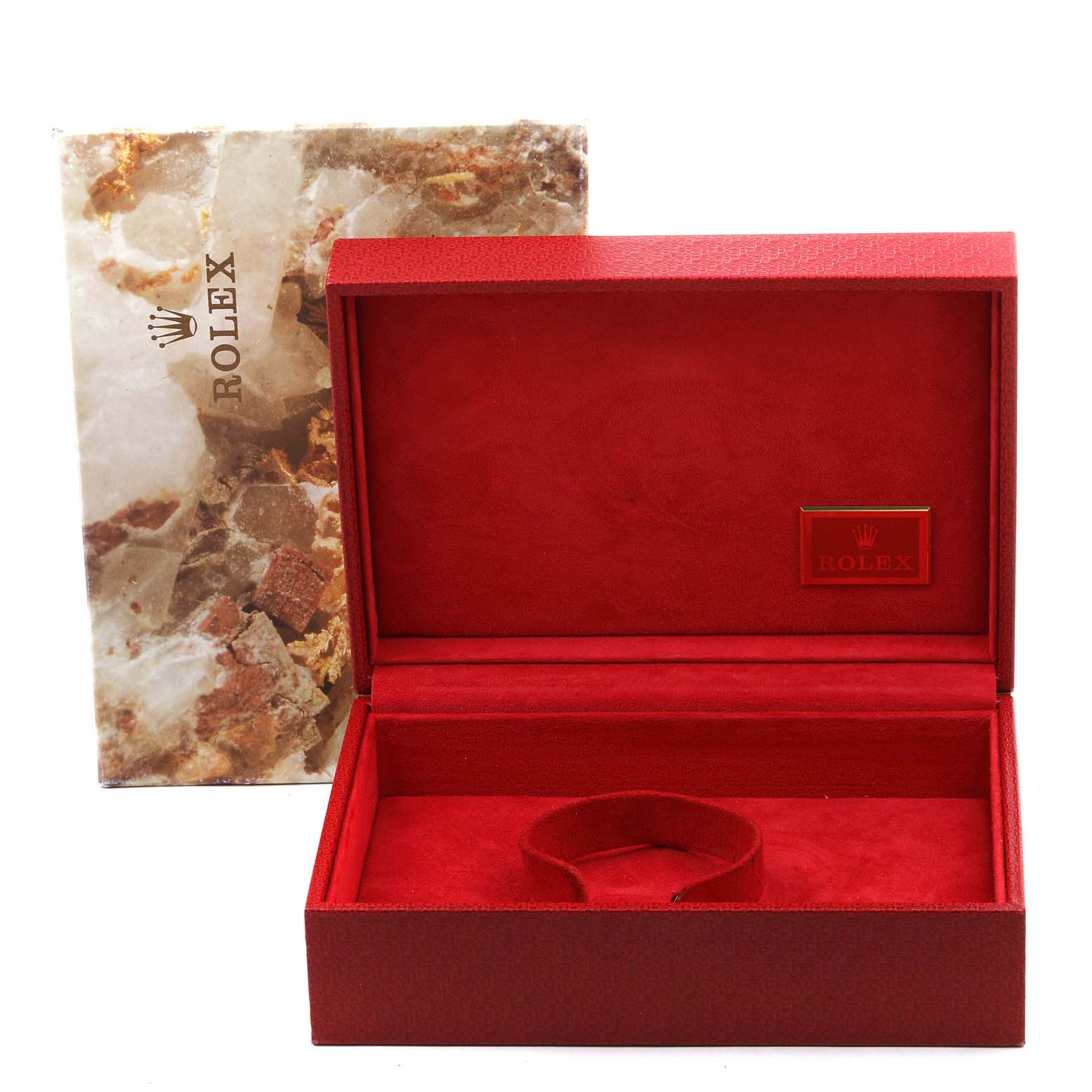 The image shows an open red Rolex watch box for the President model, with the lid open and the interior velvet cushion visible.