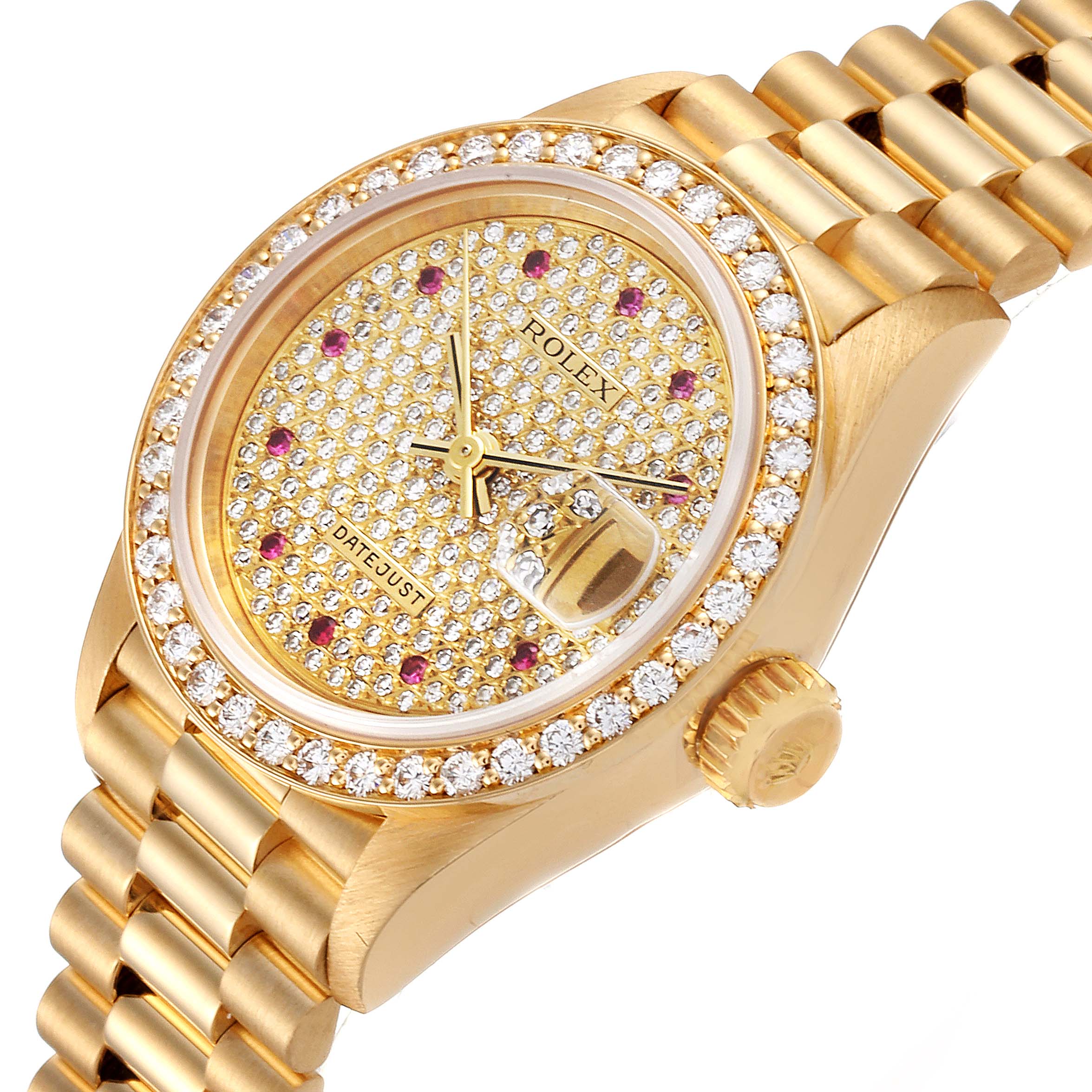The image shows a close-up of a gold Rolex President 69138 Women's Yellow Gold  69138 Women's Yellow Gold  model watch, highlighting the diamond-encrusted face, bezel, and crown.