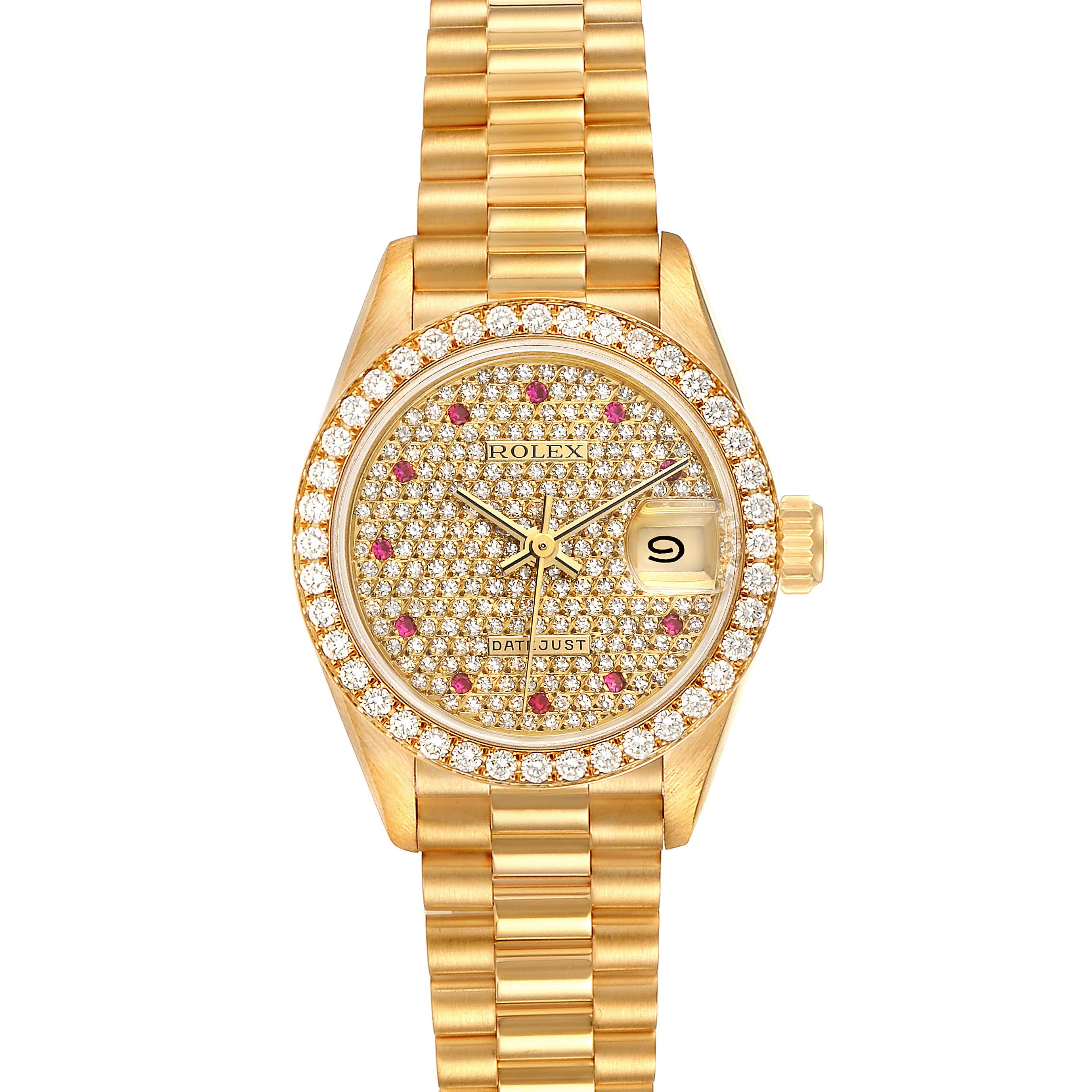 This image shows a Rolex President 69138 Women's Yellow Gold  69138 Women's Yellow Gold  model watch from a front angle, highlighting its face, bezel, and bracelet.