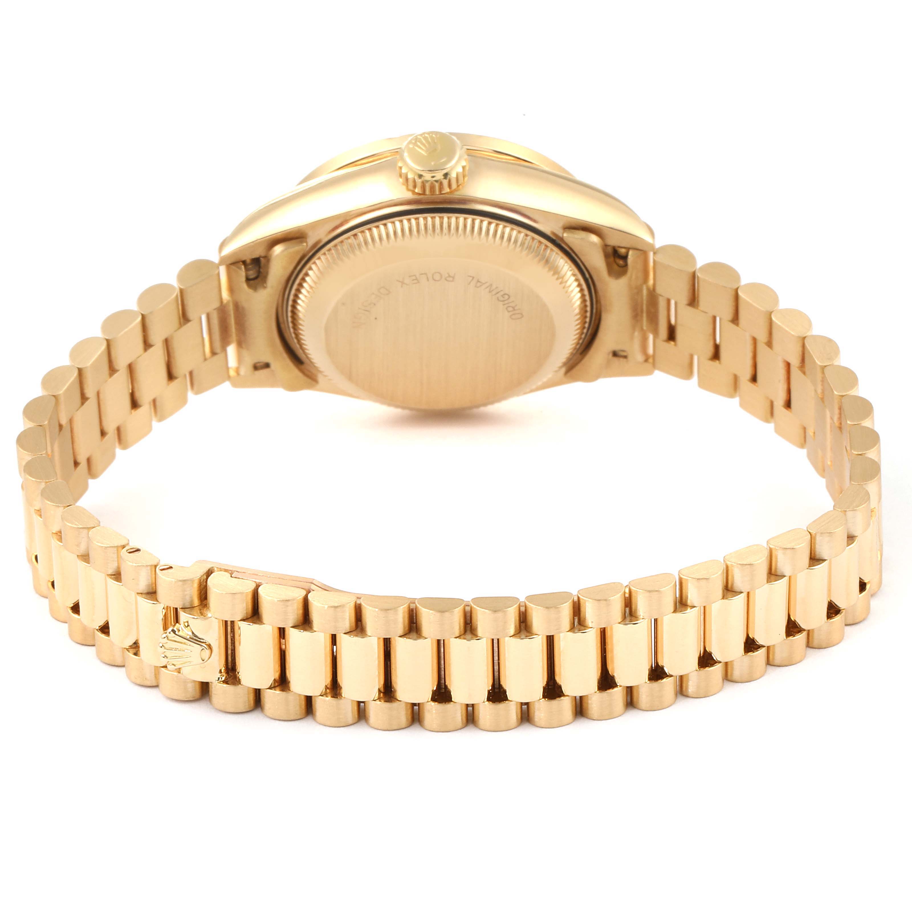 The image shows the back angle of the Rolex President 69138 Women's Yellow Gold  69138 Women's Yellow Gold  model watch, highlighting the gold bracelet and case back.