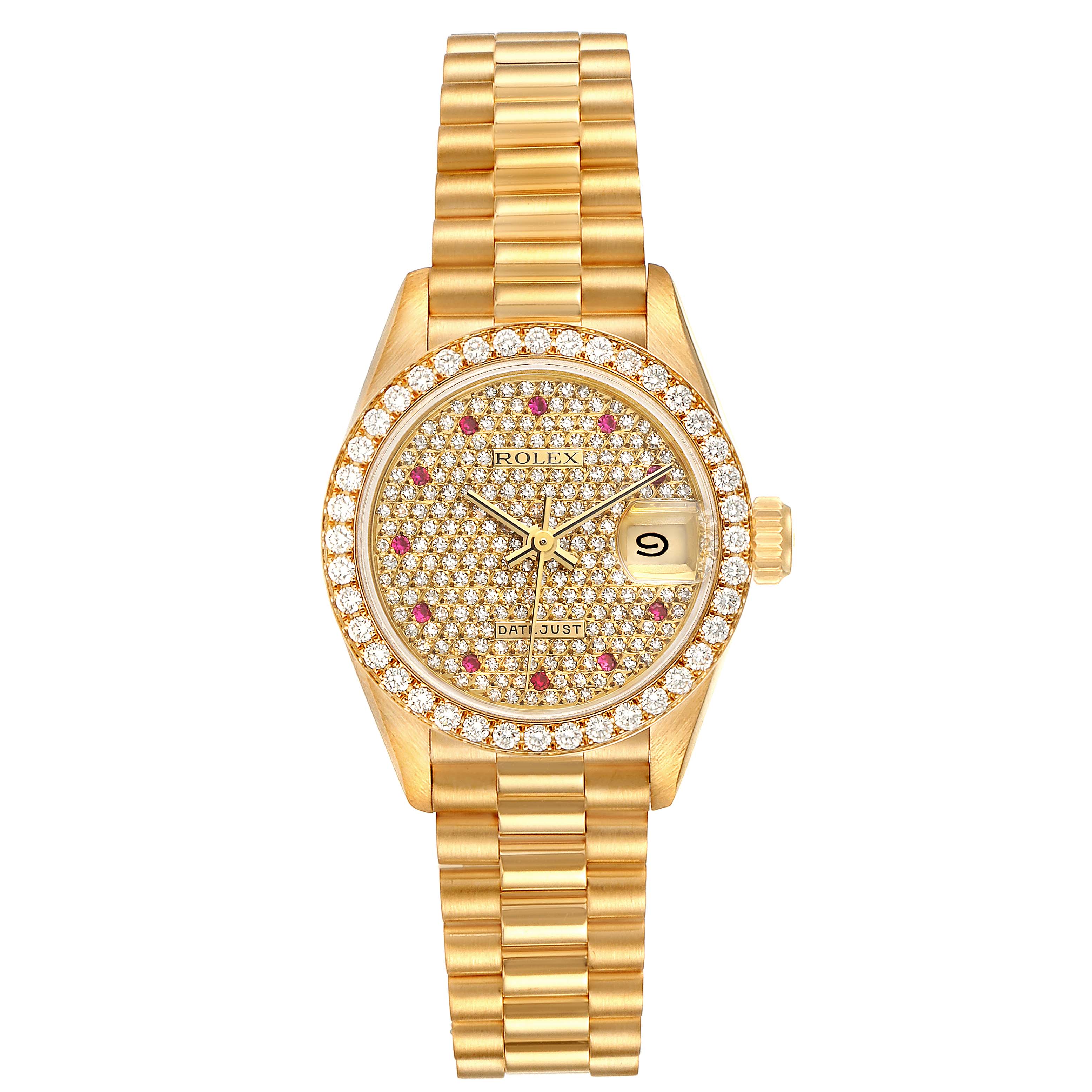 This Rolex President 69138 Women's Yellow Gold  69138 Women's Yellow Gold  model watch is shown from a top-down angle, displaying the face, bezel, and part of the bracelet.