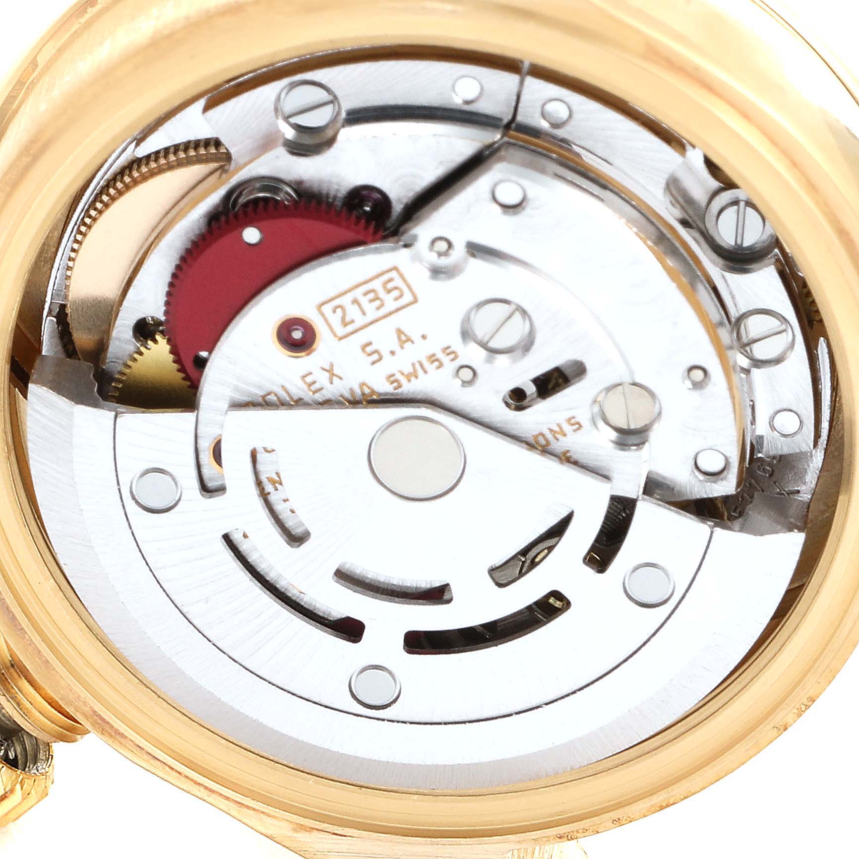 The image shows the inner mechanical movement of the Rolex President 69138 Women's Yellow Gold  69138 Women's Yellow Gold  model watch, viewed from the back.