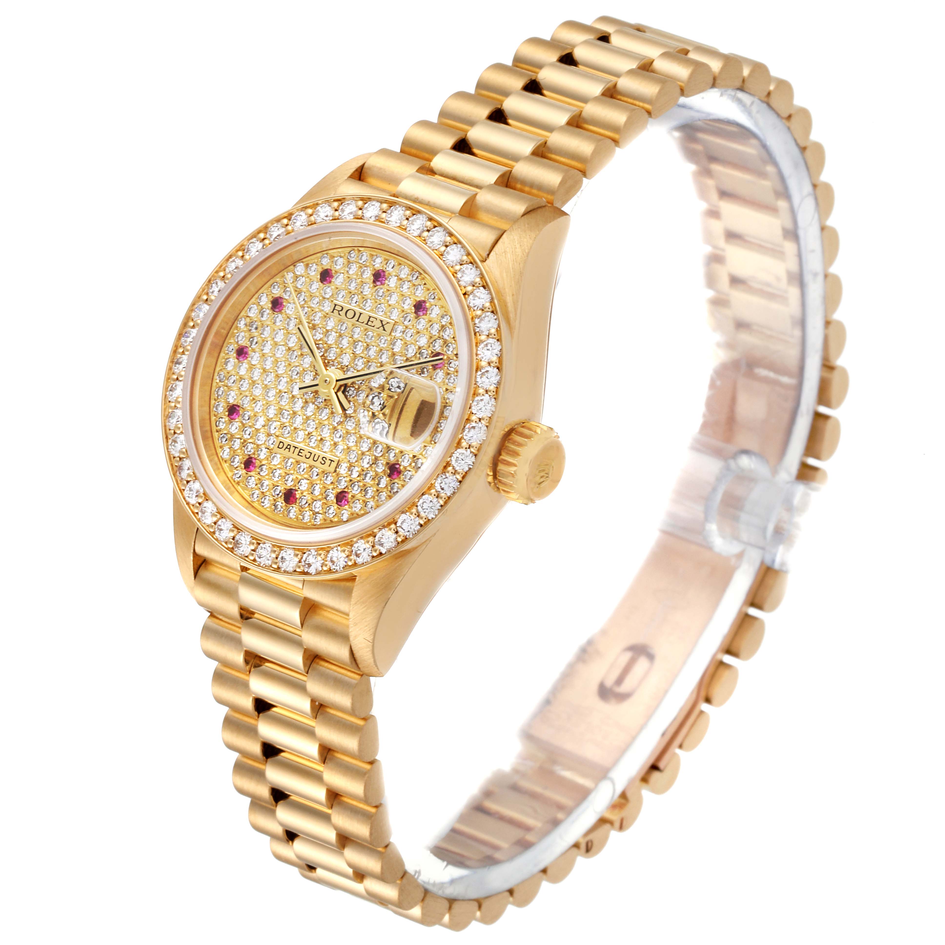 The Rolex President 69138 Women's Yellow Gold  69138 Women's Yellow Gold  model watch is shown from an angled top view, highlighting the face, bezel, and gold bracelet.