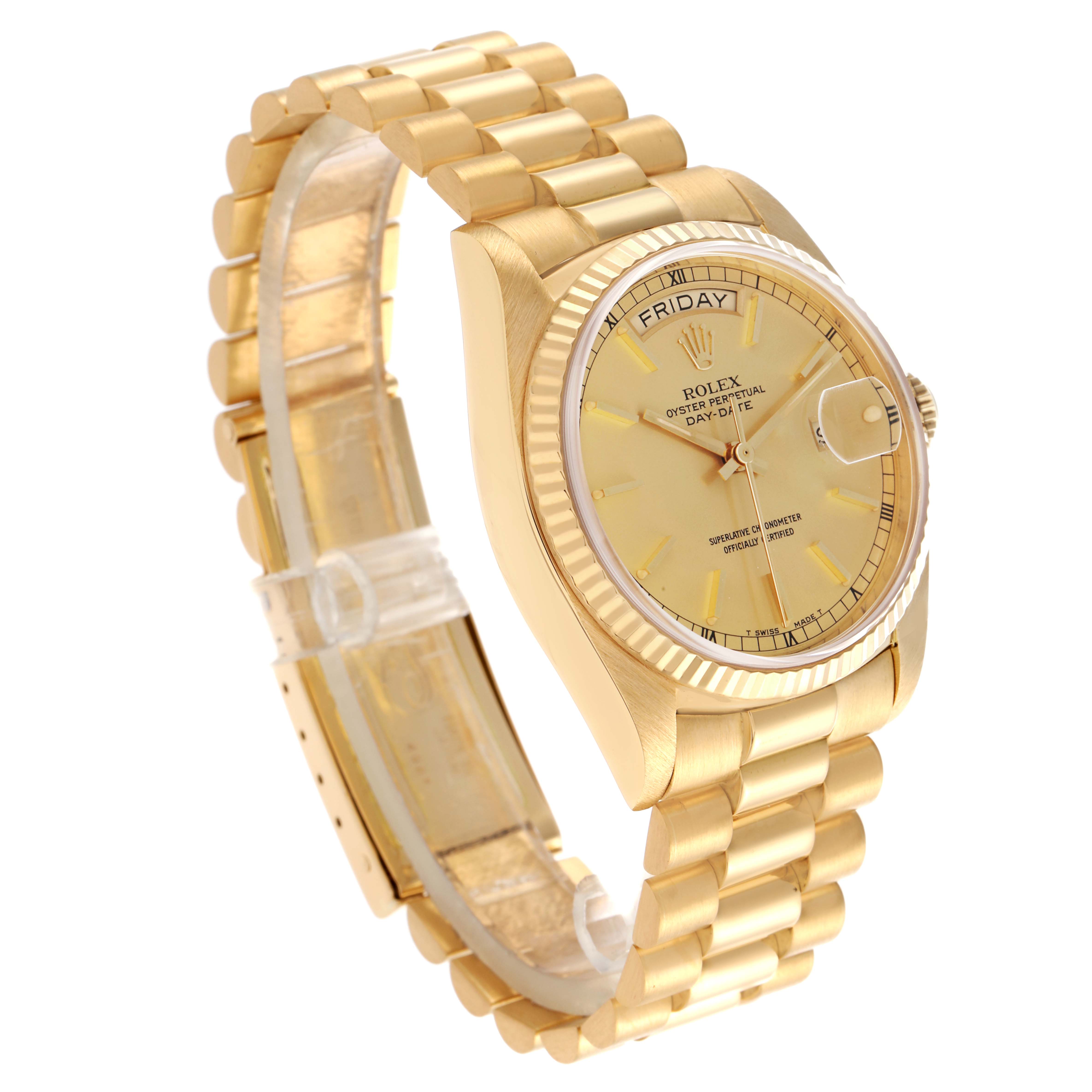 The Rolex President 18038 Men's Yellow Gold Champagne Dial 18038 Men's Yellow Gold Champagne Dial model is shown at a slight angle, highlighting the dial, bezel, and bracelet.