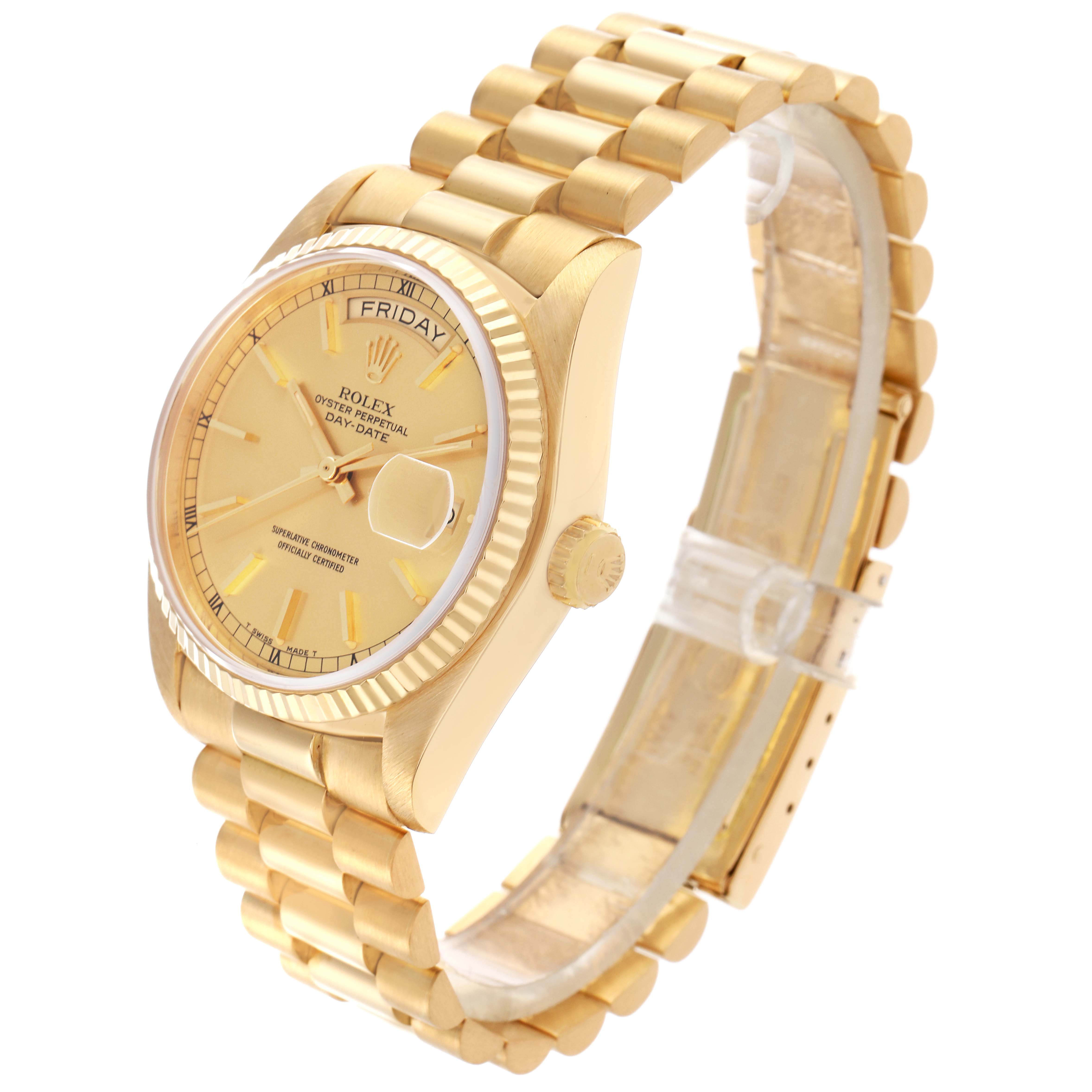 The Rolex President 18038 Men's Yellow Gold Champagne Dial 18038 Men's Yellow Gold Champagne Dial model is shown at a three-quarter angle, highlighting the dial, fluted bezel, crown, and bracelet.