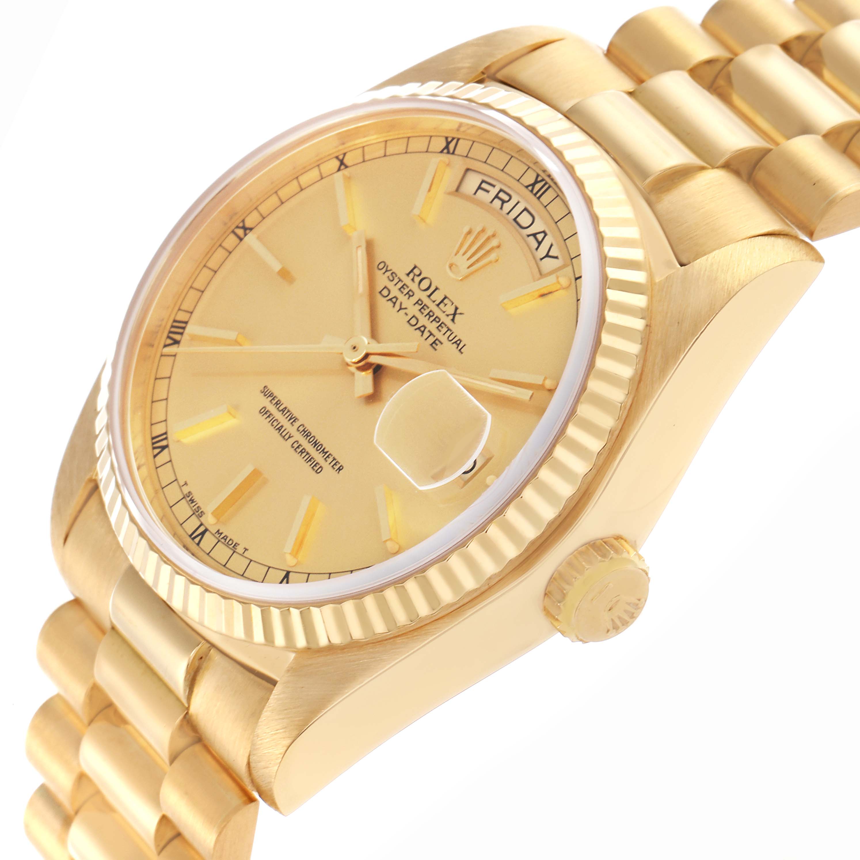 The Rolex President 18038 Men's Yellow Gold Champagne Dial 18038 Men's Yellow Gold Champagne Dial watch is shown from a side angle, highlighting the dial, bezel, bracelet, and crown.