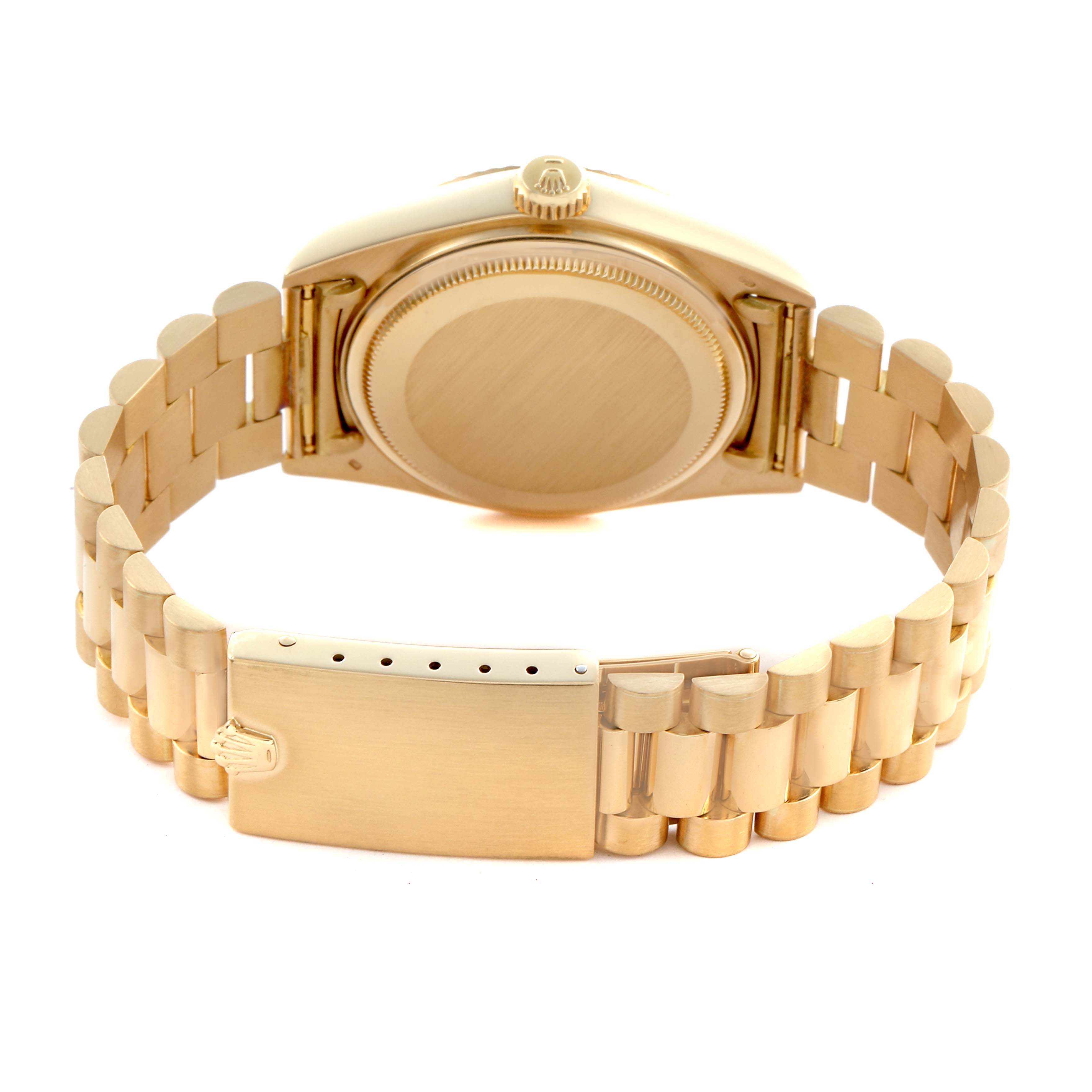 The image shows the back and clasp of a Rolex President 18038 Men's Yellow Gold Champagne Dial 18038 Men's Yellow Gold Champagne Dial model watch, highlighting the bracelet and caseback.