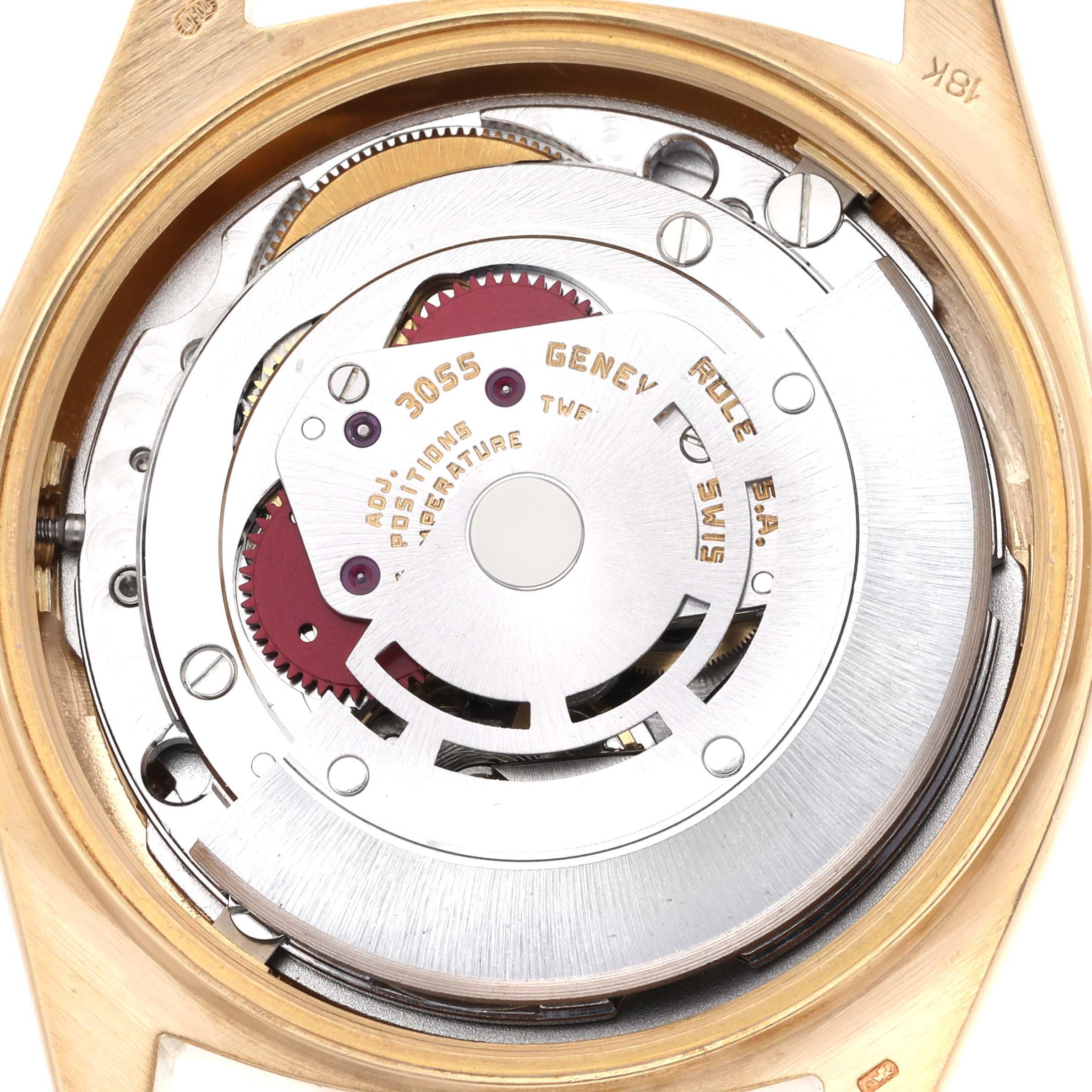 The image shows the movement mechanism of a Rolex President 18038 Men's Yellow Gold Champagne Dial 18038 Men's Yellow Gold Champagne Dial watch from a rear angle.