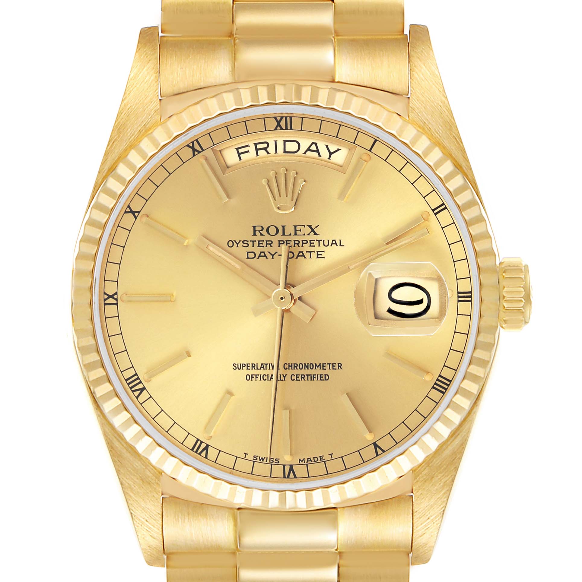 The Rolex President 18038 Men's Yellow Gold Champagne Dial 18038 Men's Yellow Gold Champagne Dial watch is shown from the front, displaying its dial, day-date features, fluted bezel, and partial bracelet.