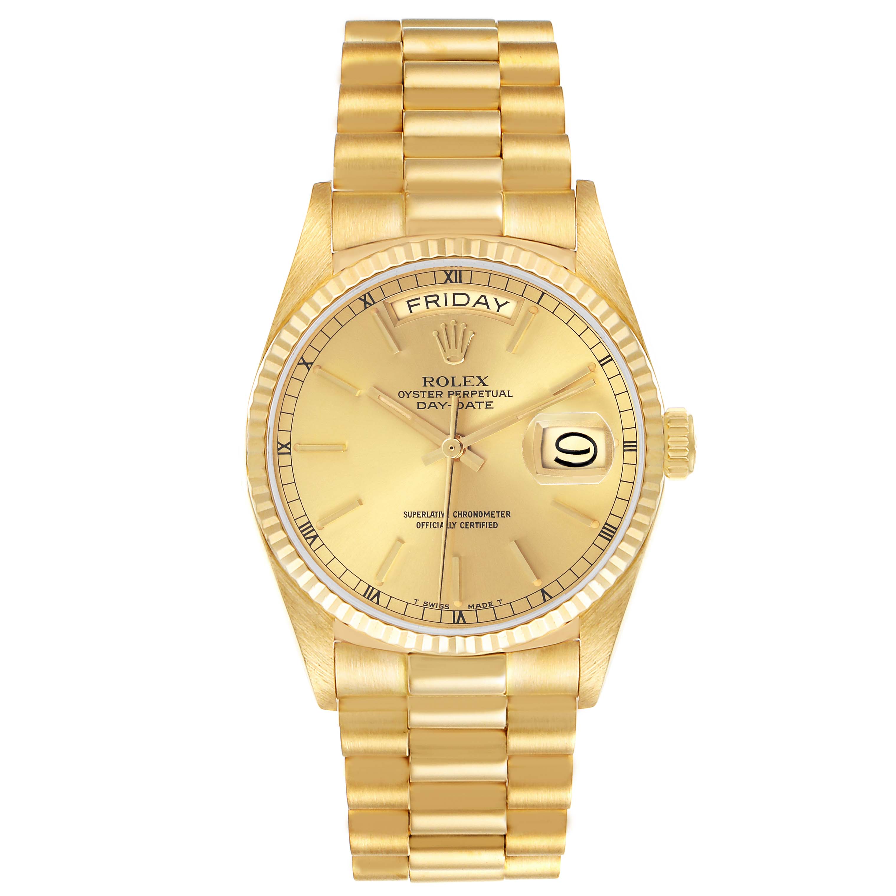 The Rolex President 18038 Men's Yellow Gold Champagne Dial 18038 Men's Yellow Gold Champagne Dial model watch is shown from a frontal angle, displaying its dial, bracelet, and fluted bezel.