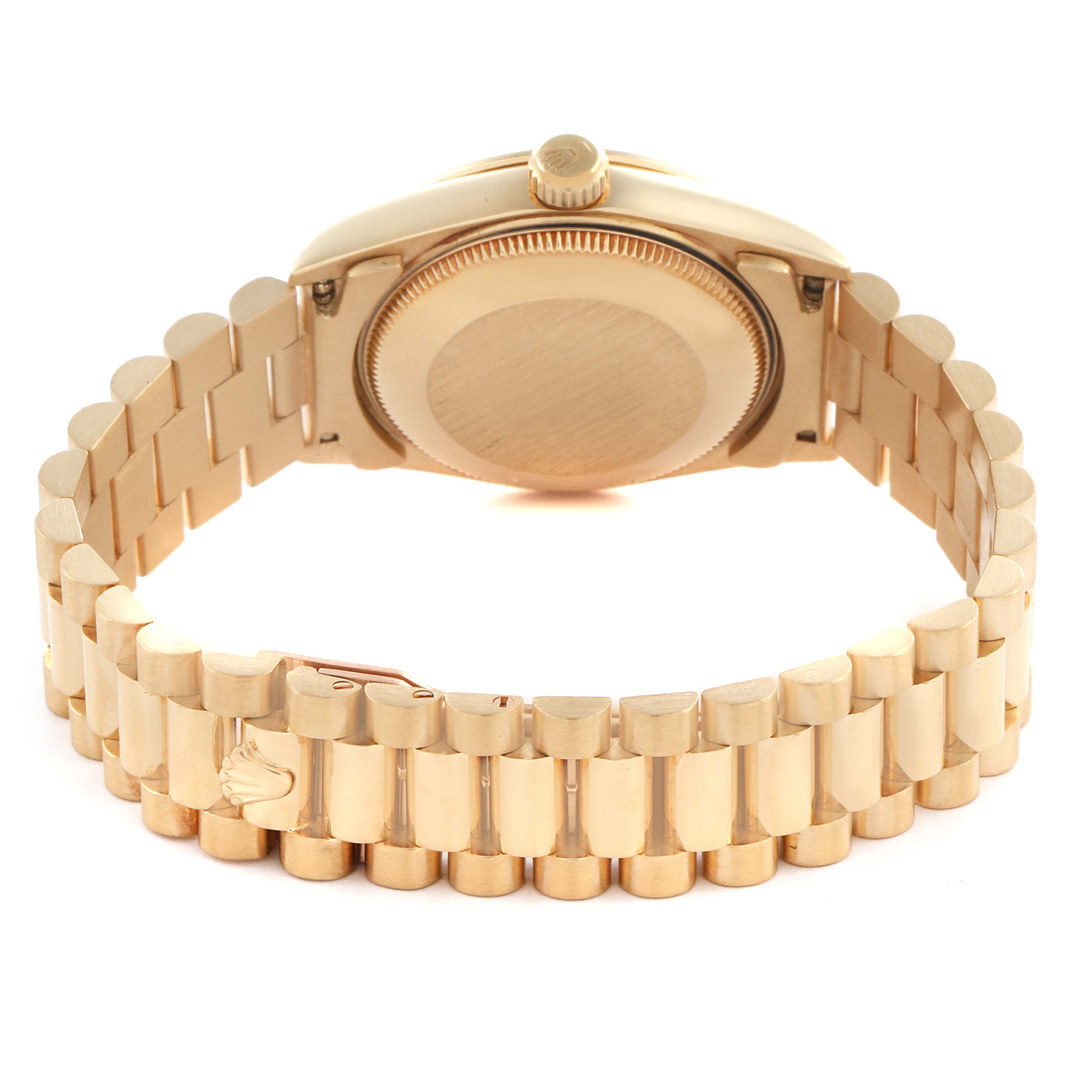 The image shows the back case and bracelet of a Rolex Mid-Size model from a rear angle.