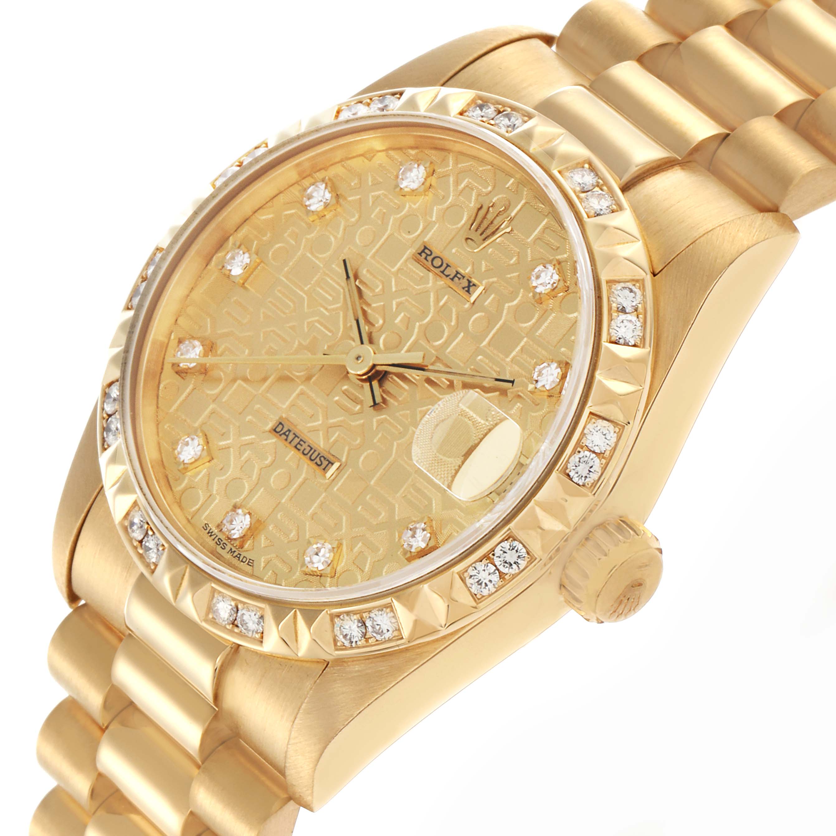 The Rolex Mid-Size model is shown at a slight angle, highlighting the dial, bezel, crown, and part of the bracelet.