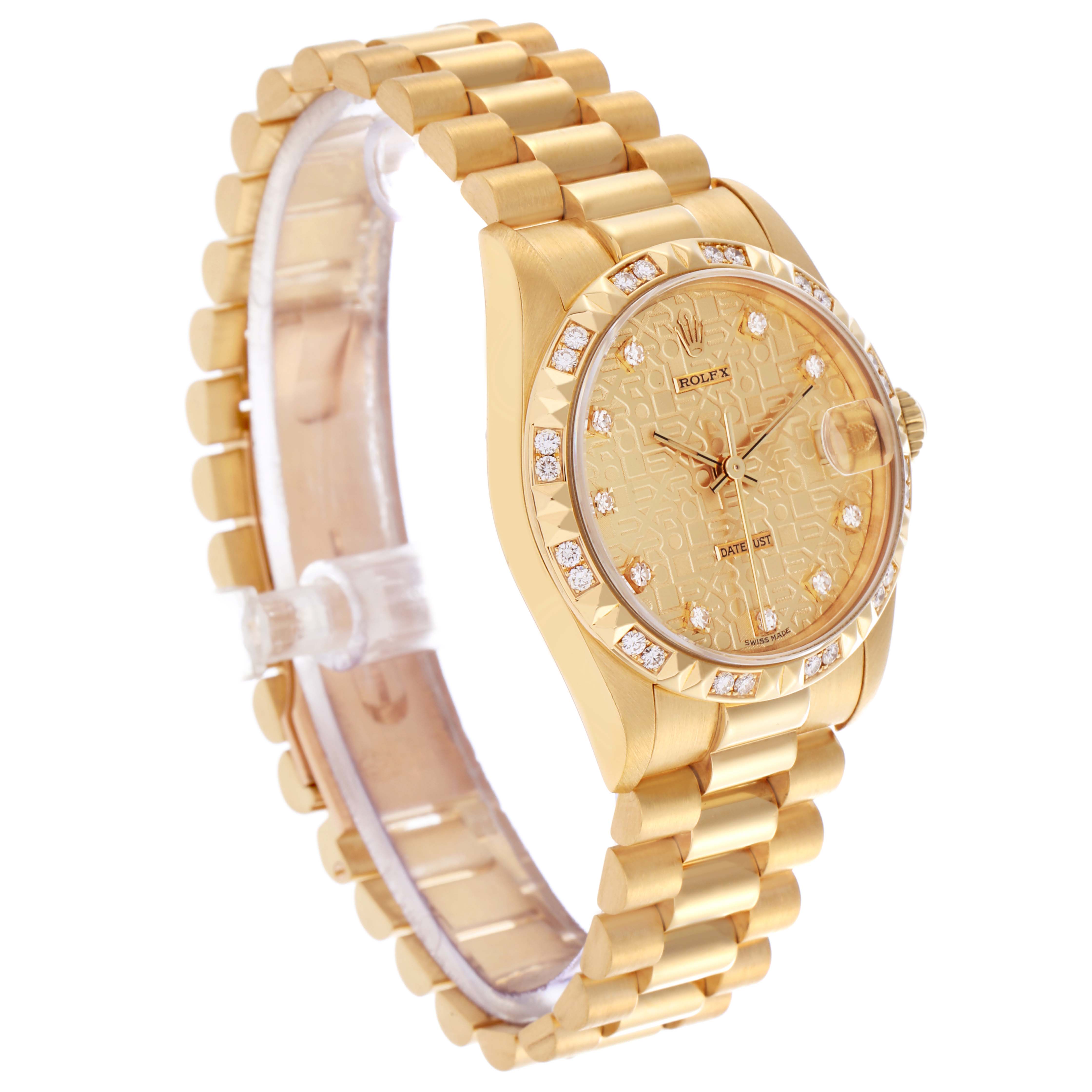 The Rolex Mid-Size watch is displayed at a three-quarter angle, showing the face, bezel, and bracelet.