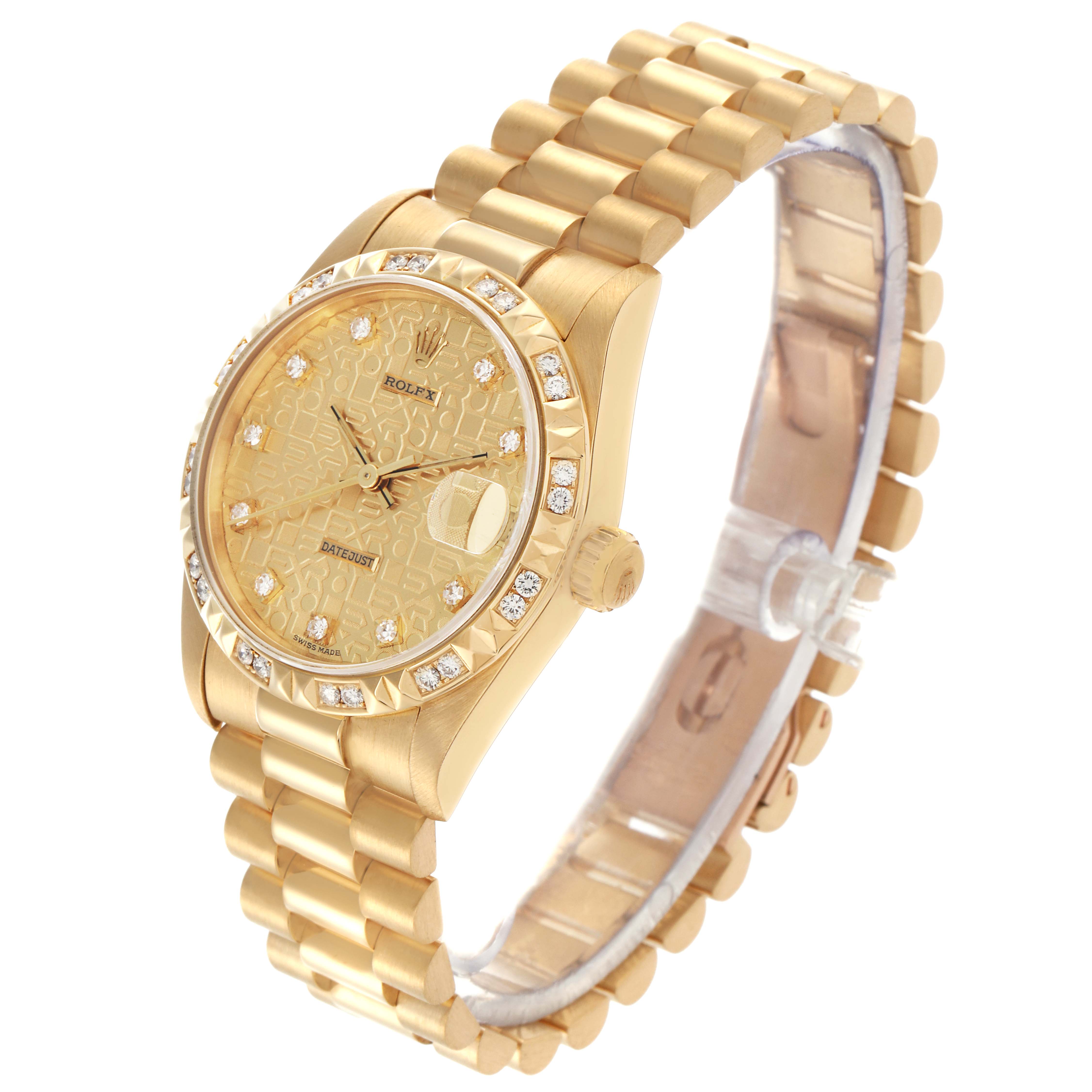 The Rolex Mid-Size watch is shown at a slight angle, highlighting the face, bezel with diamonds, and the bracelet.