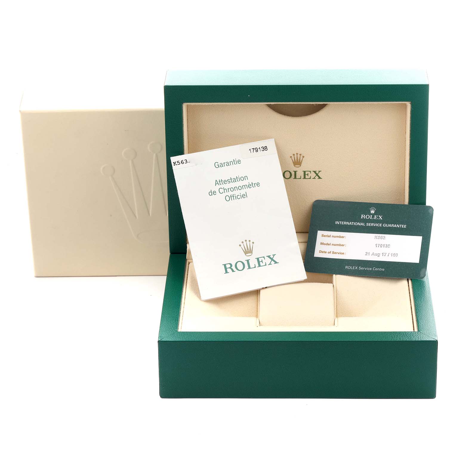 The image shows the packaging, guarantee card, and paperwork for a Rolex President 179138 Women's Yellow Gold Mother of Pearl Dial 179138 Women's Yellow Gold Mother of Pearl Dial model.