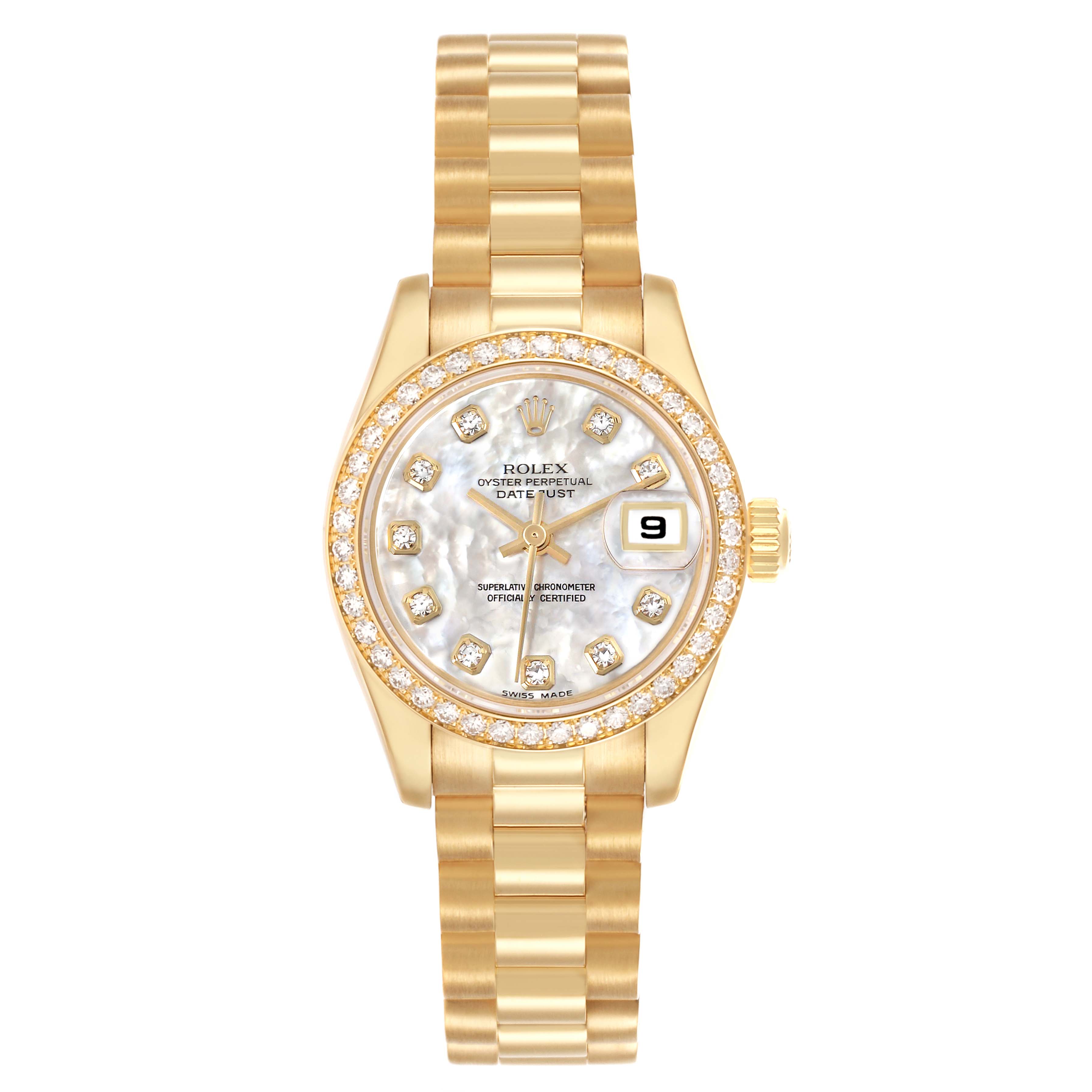 The Rolex President 179138 Women's Yellow Gold Mother of Pearl Dial 179138 Women's Yellow Gold Mother of Pearl Dial model is shown from a top view, featuring a gold bracelet, diamond bezel, and date window.