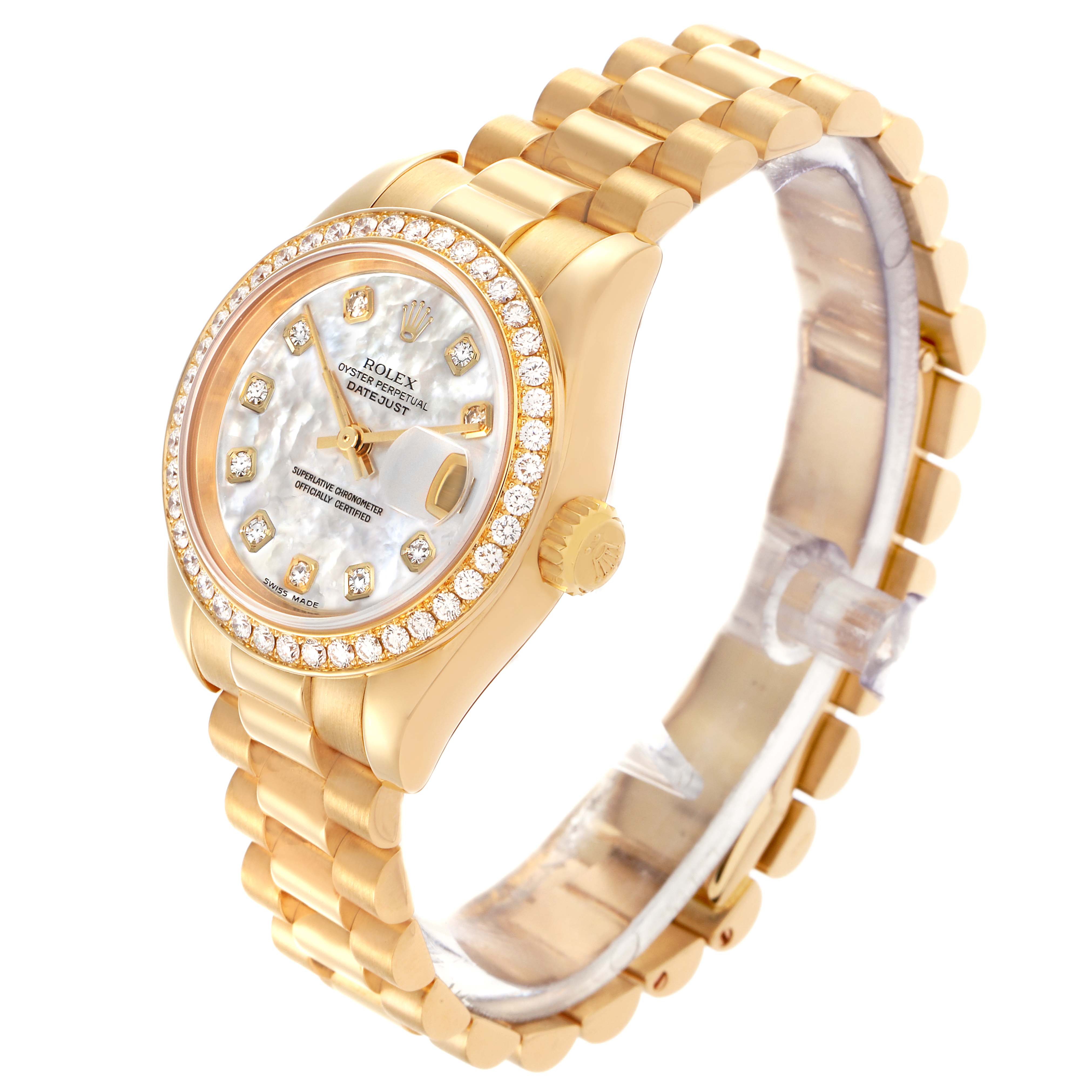 The Rolex President 179138 Women's Yellow Gold Mother of Pearl Dial 179138 Women's Yellow Gold Mother of Pearl Dial model watch is shown at a three-quarter view, highlighting the face, bezel, crown, and bracelet.