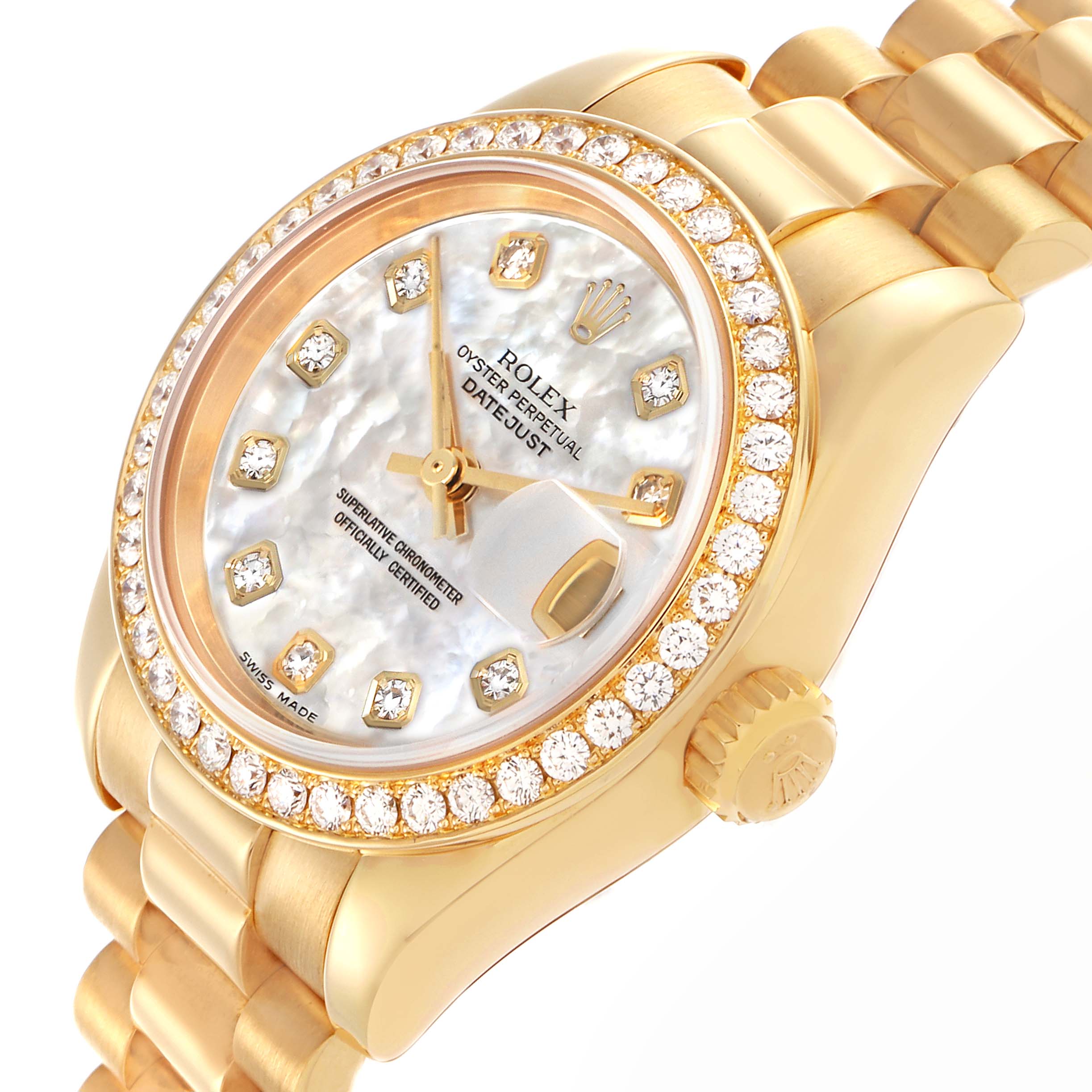The Rolex President 179138 Women's Yellow Gold Mother of Pearl Dial 179138 Women's Yellow Gold Mother of Pearl Dial model is shown in a close-up, angled view highlighting the dial, bezel, and part of the bracelet.